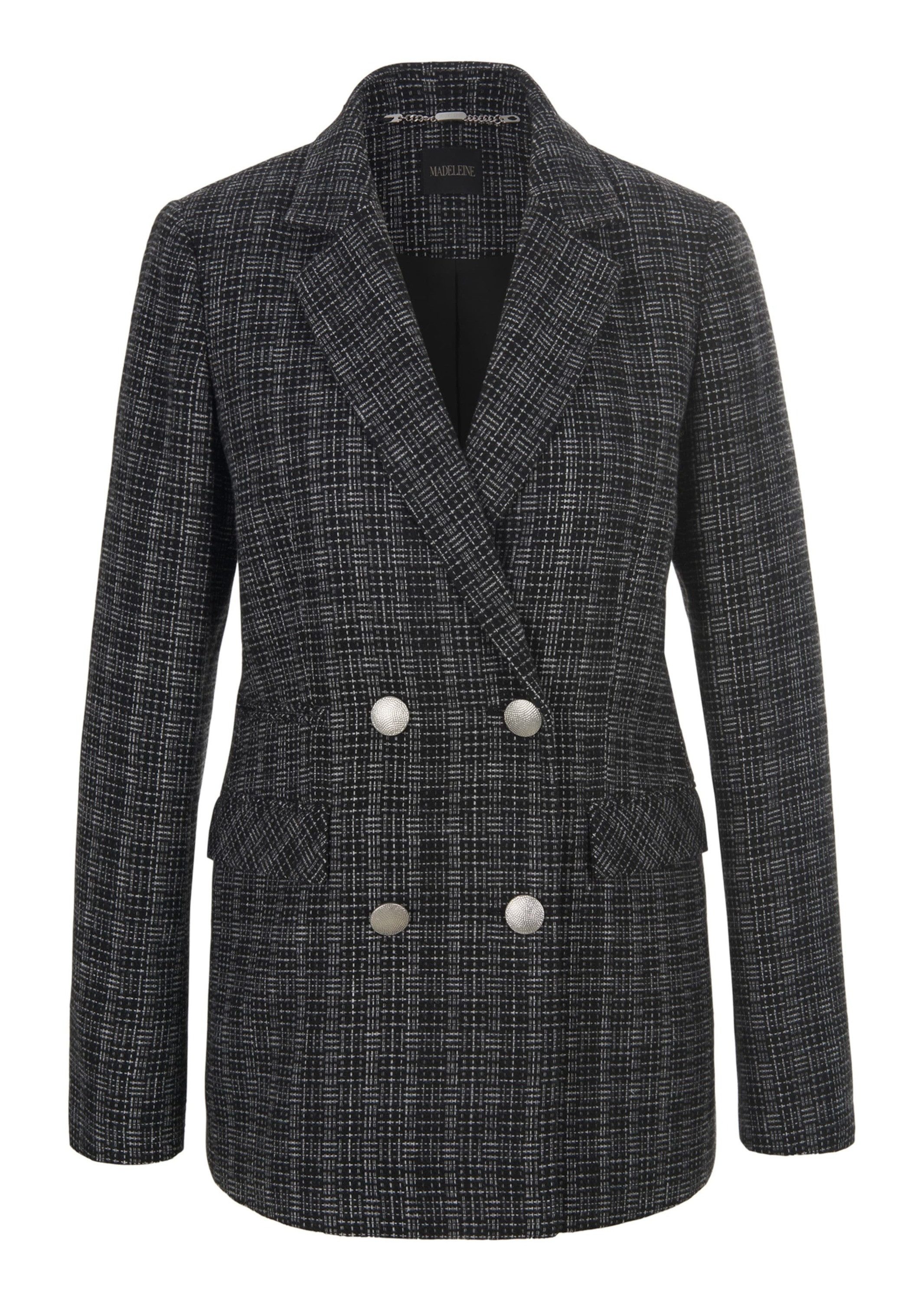 MADELEINE Kurzblazer Klassischer Blazer, silberfarbene Knöpfe Allover-Design mit Reverskragen und doppelreihigem Verschluss