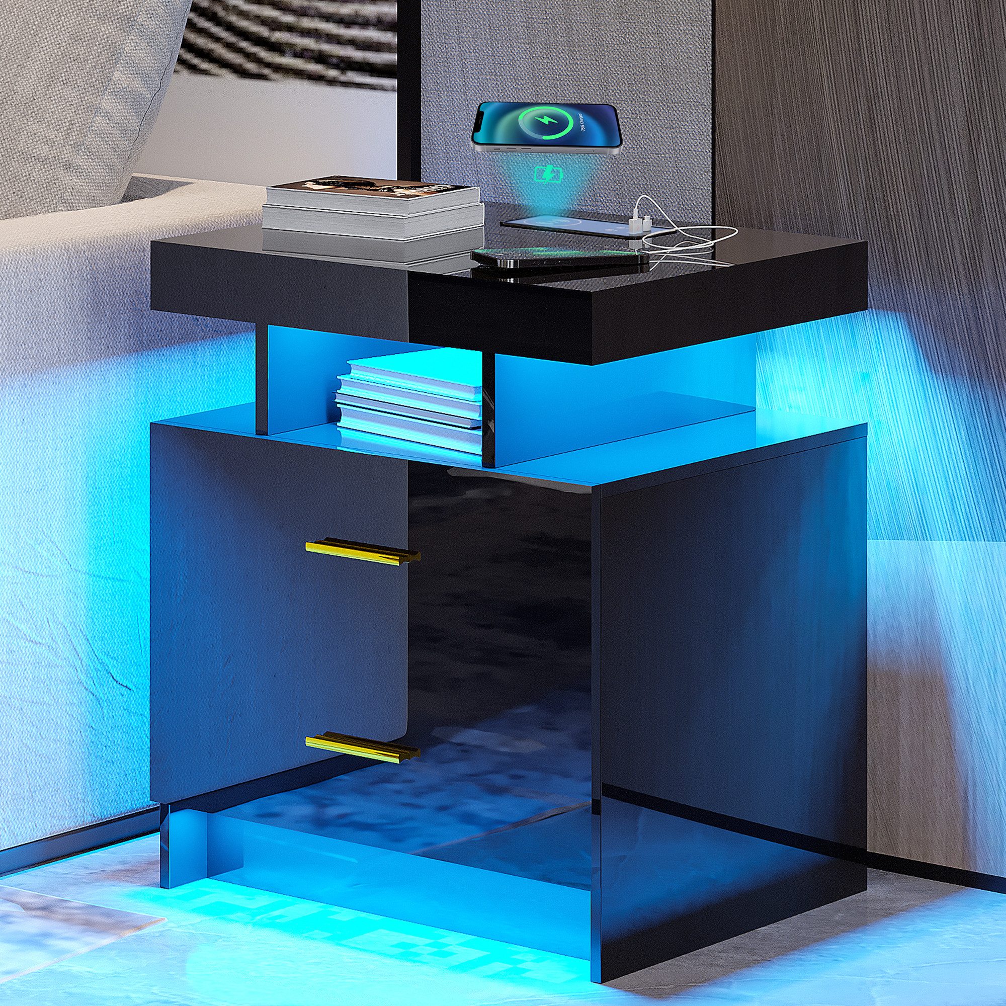 LVifur Nachttisch mit LED-Licht und Sensor, 2 Schubladen, USB&Type-C, kabelloses Laden (1-St), 3 Farben Dimmbares Licht, 40T x 50B x 58H cm, Hochglanz Schwarz