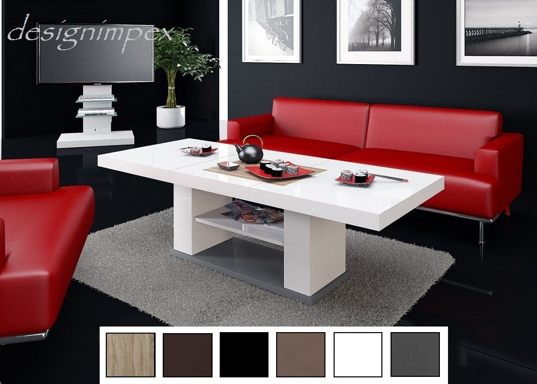 designimpex Couchtisch Design HN-777 Weiß - Grau Hochglanz höhenverstellbar ausziehbar Tisch Weiß Hochglanz / Grau Hochglanz
