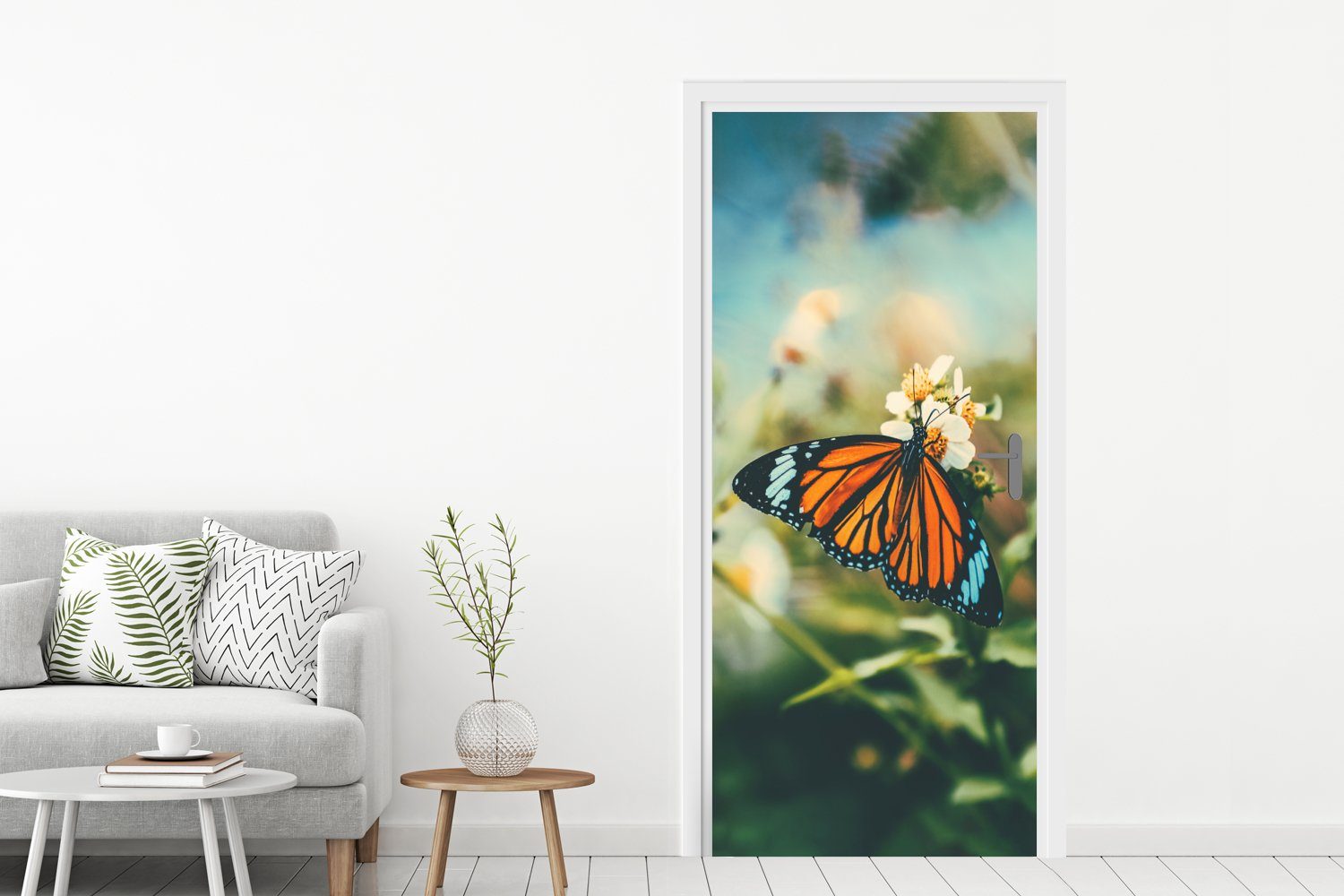 St), Garten, - - cm 75x205 MuchoWow Türtapete Matt, Fototapete Schmetterling für Türaufkleber, Blumen bedruckt, Tür, (1