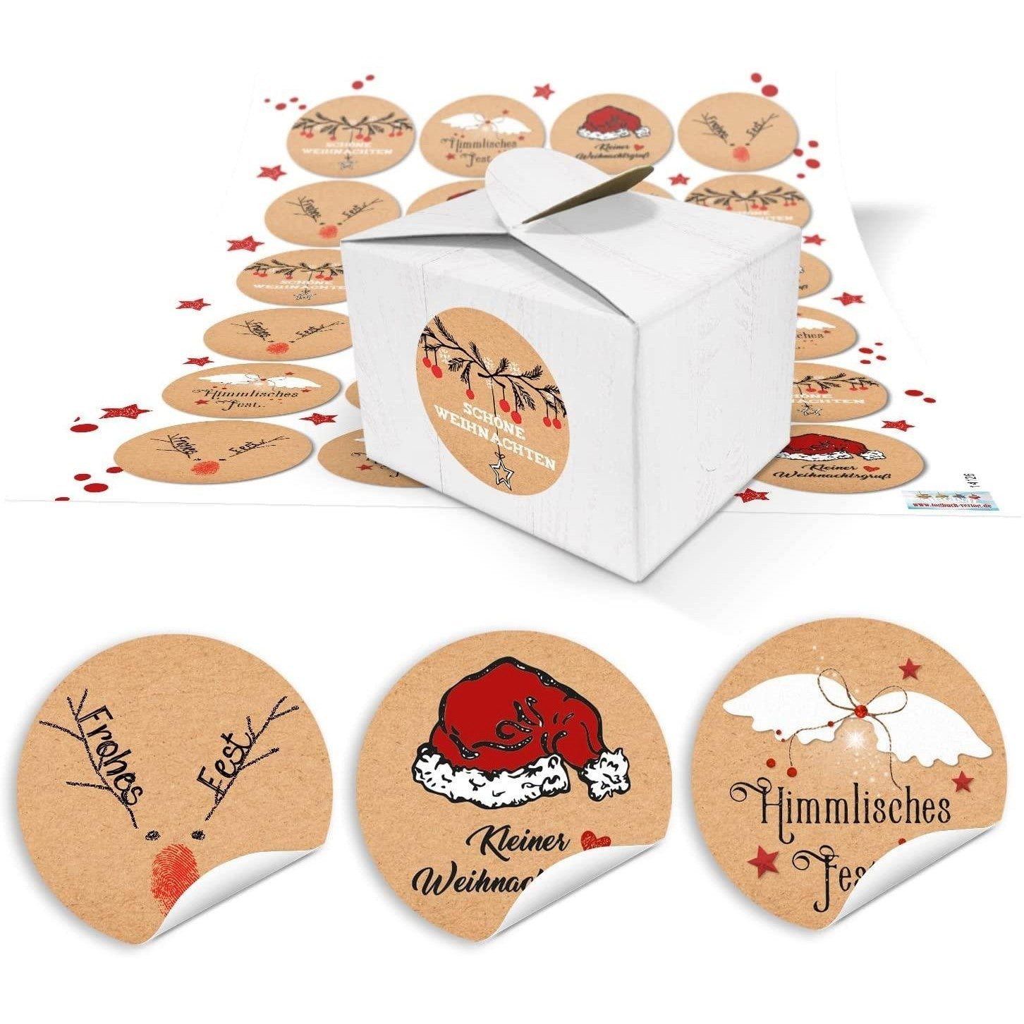 Logbuch-Verlag Aufkleber 24 Geschenkboxen weiß 8 x 6,5 x 5,5 cm mit runden Weihnachtsaufklebern