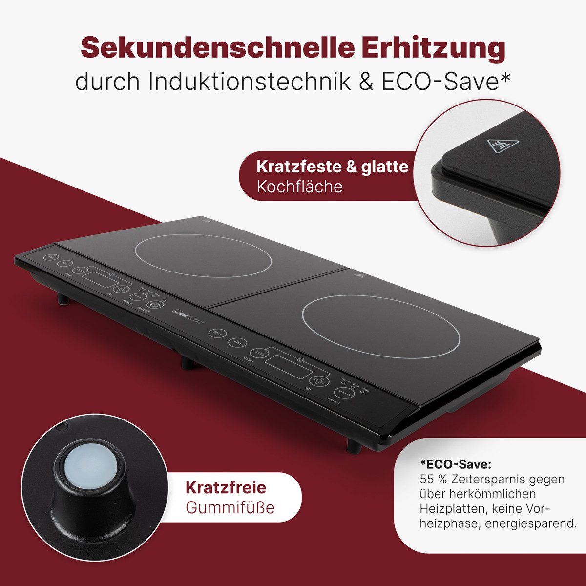 CLATRONIC Doppel-Induktionskochplatte DKI 3609, ECO-Save, 10 Temperaturstufen, Sensor Touch