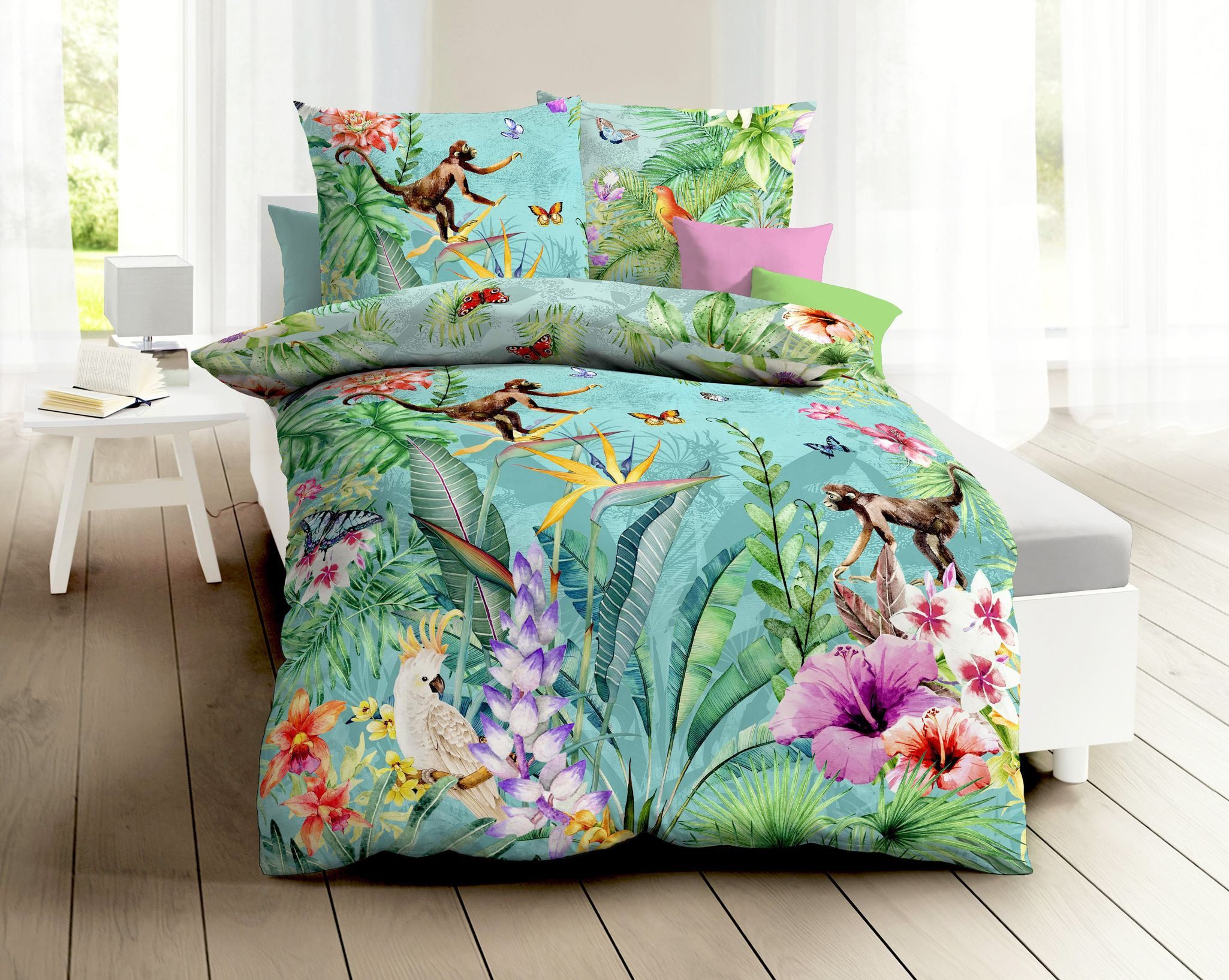 JACK Bettwäsche JACK by Kaeppel Mako Satin 4tlg. Digitaldruck Bettwäsche Äffchen Bunt, Satin, 4 teilig, Partnerbettwäsche, freundliches Urwaldmotiv
