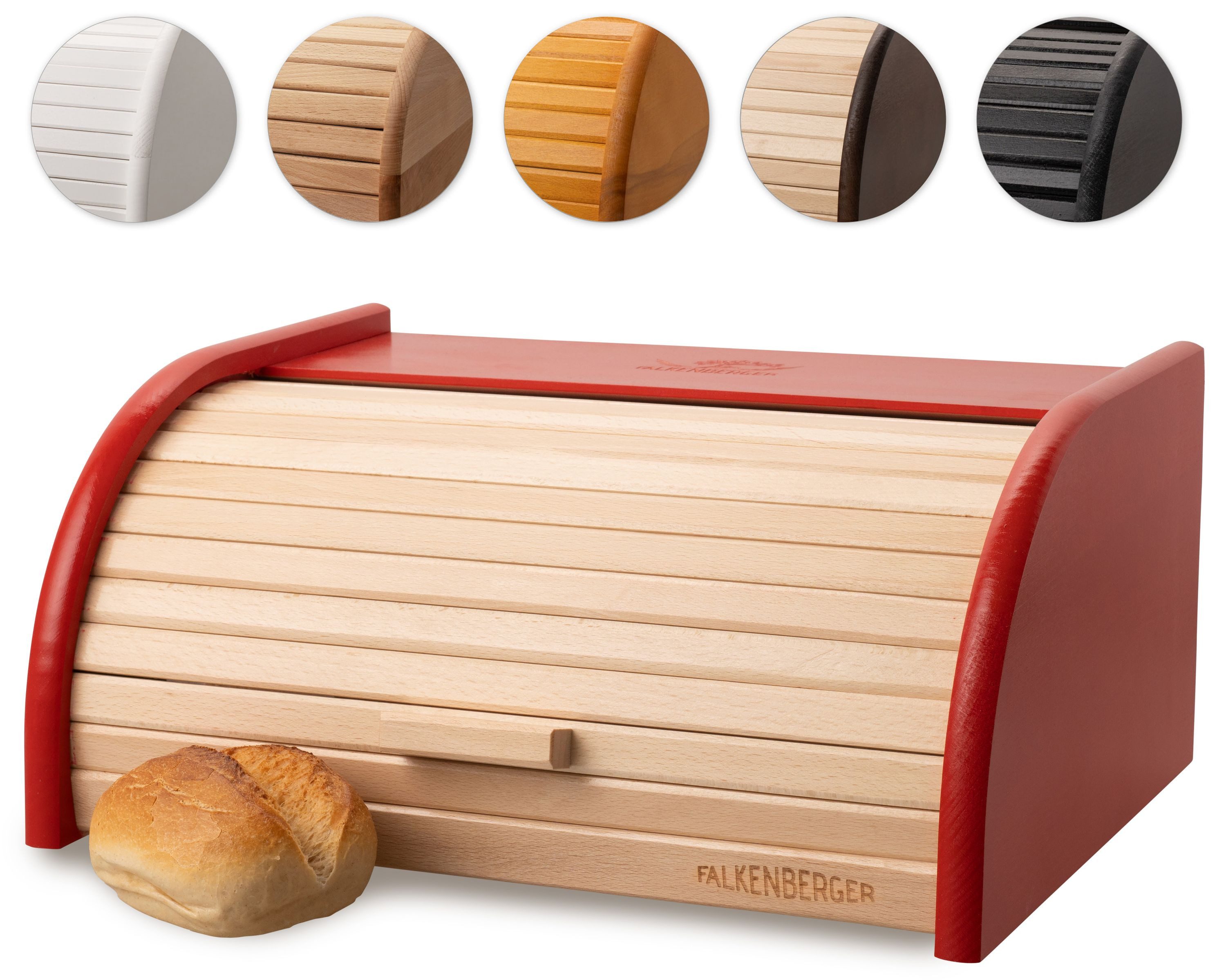FALKENBERGER Brotkasten Brotkasten Rot 39,1x28,7x17,7cm, Holz, (1-tlg., 1 Teilig), Rollbrotkasten traditionell Brotbox mit Roll-Deckel für Brot Handmade