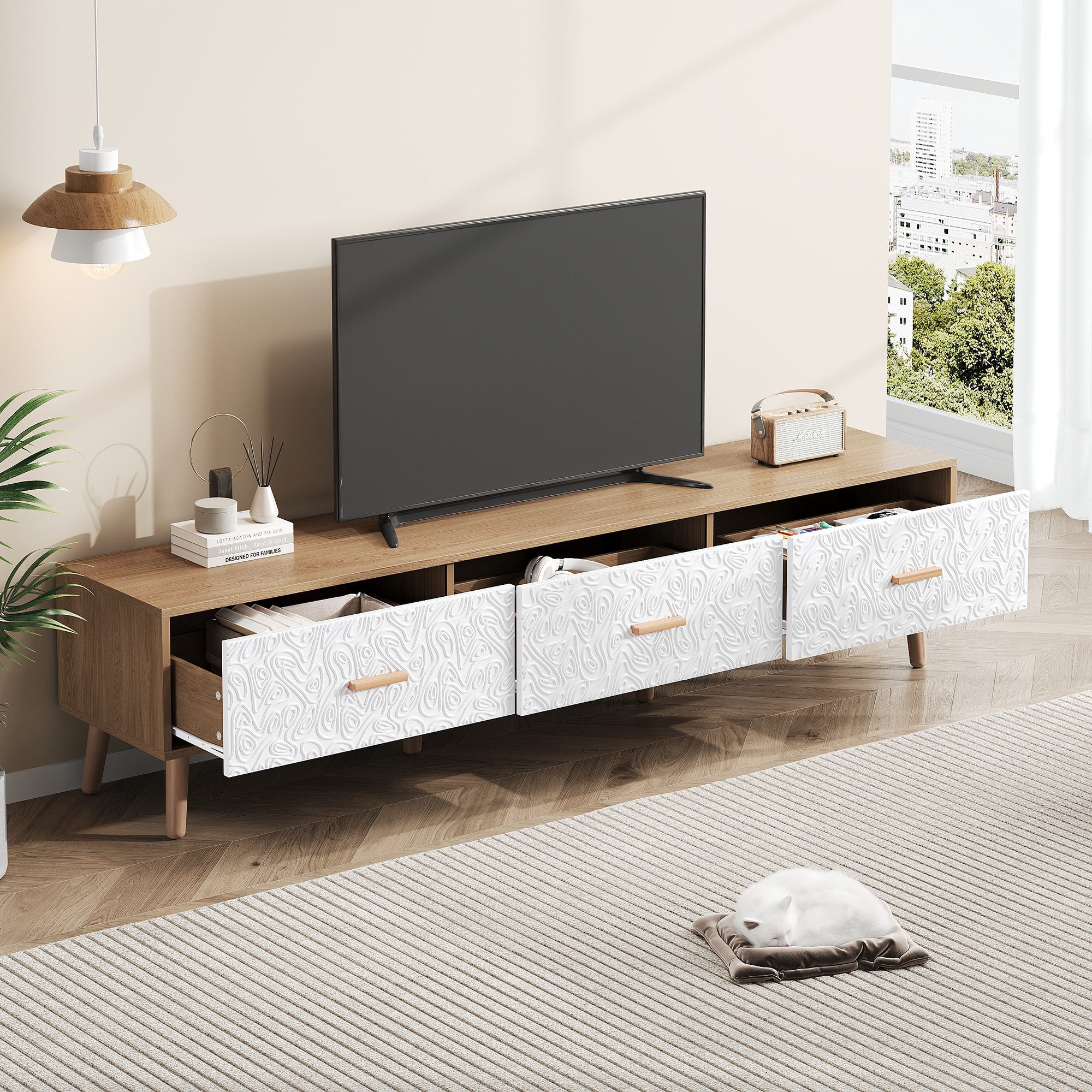 STILVORA Lowboard mit Schubladen,TV-Schrank TV-Regal mit Türpaneelschnalle&Kippschutz (TV-Schrank, Fernsehtisch,TV-Board,TV-Ständer, 1 St., 3 Schubladen), mit Vintage Grain weiße Türverkleidung