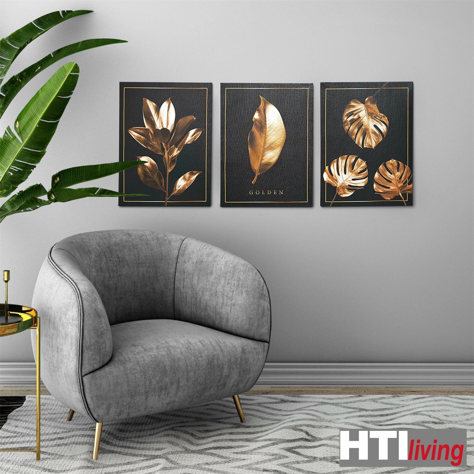 HTI-Living Leinwandbild Wandbilder 3er-Set Schwarz (Set, Leinwand 3 St), Lilie Gold, Monstera