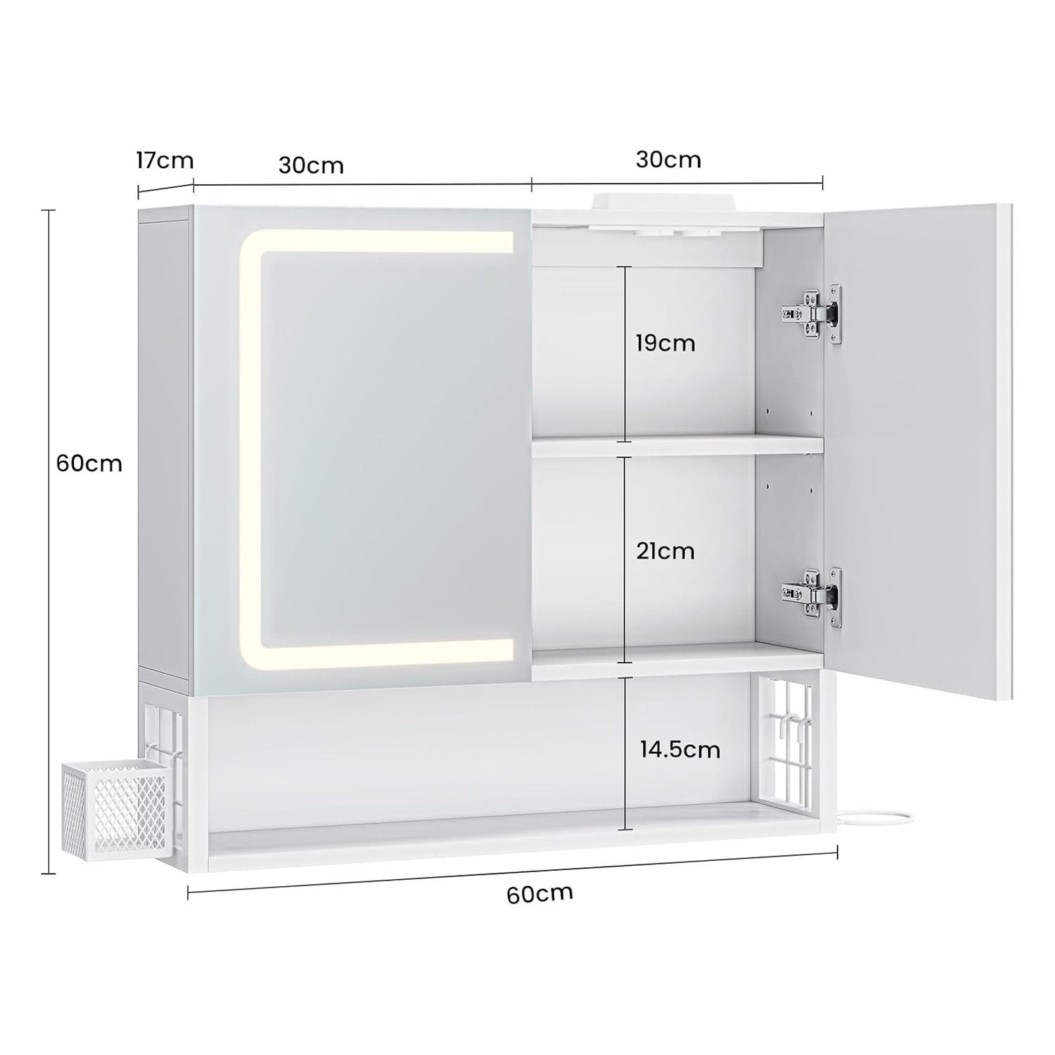 MSMASK Spiegelschrank mit LED-Beleuchtung und Steckdose, Badezimmerschrank mit verstellbarer Ablage, dimmbar, 60×17×60 cm
