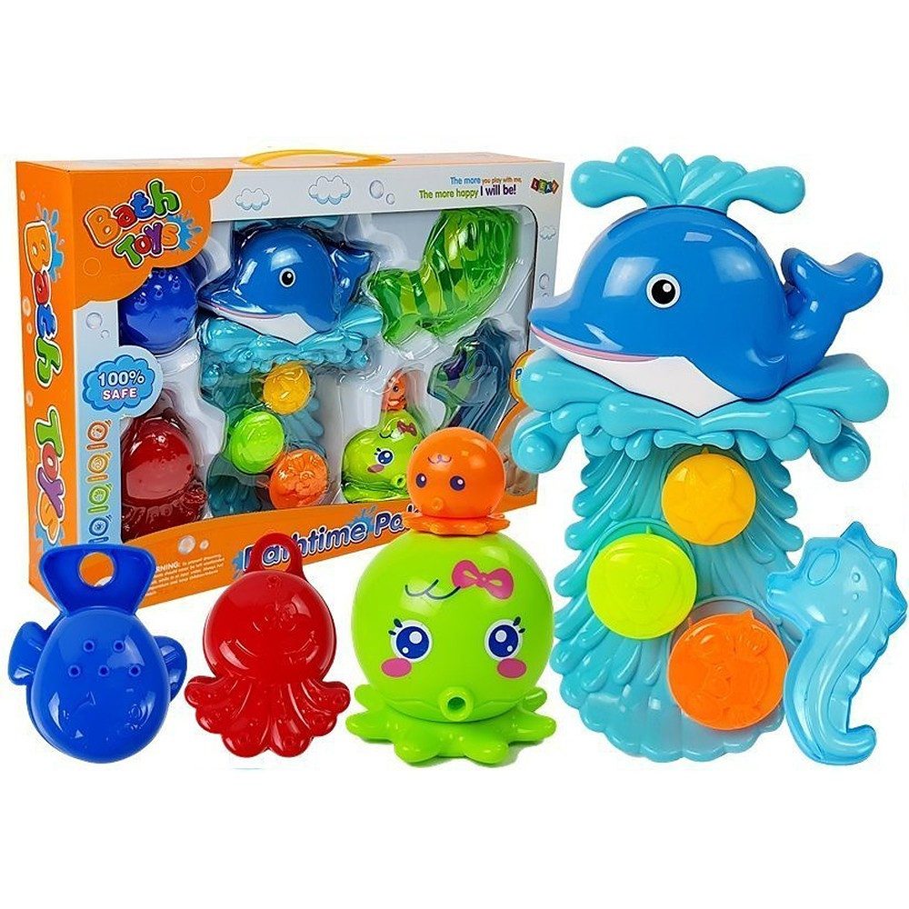 LEAN TOYS Badespielzeug Wasserspielset Badewannenspielzeug Meerestiere (1-tlg), Wasserfall, Saugnäpfe, Drehräder, Badebecher