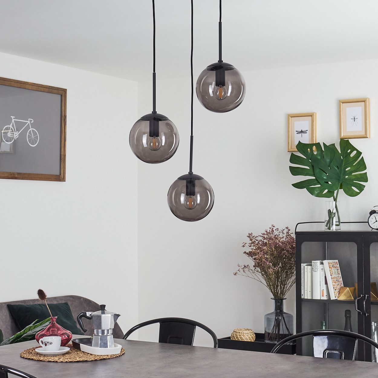 hofstein Pendelleuchte »Arviè« Hängelampe aus Metall/Glas in Schwarz/Rauchglas, ohne Leuchtmittel, Hängeleuchte m. Schirmen aus Echtglas (16cm), Höhe max. 150cm, 3xE14