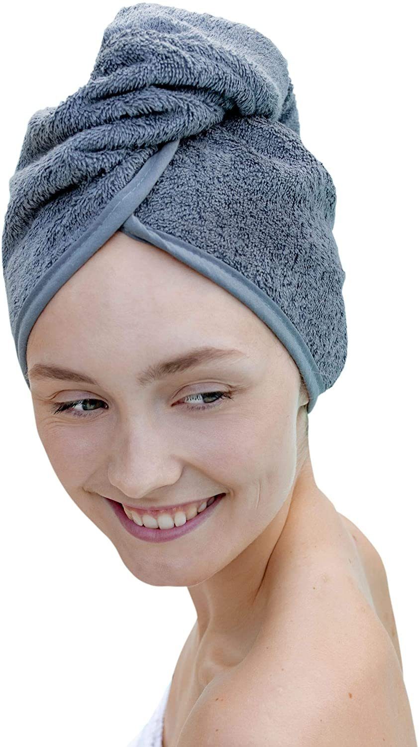 Towel Schlaufe, Haar Turban Knopf Handtuch saugstarker Hair aus Haarhandtuch grau, Haarturban Carenesse Baumwolle Turban-Handtuch Haare Haar-Turban & 100%