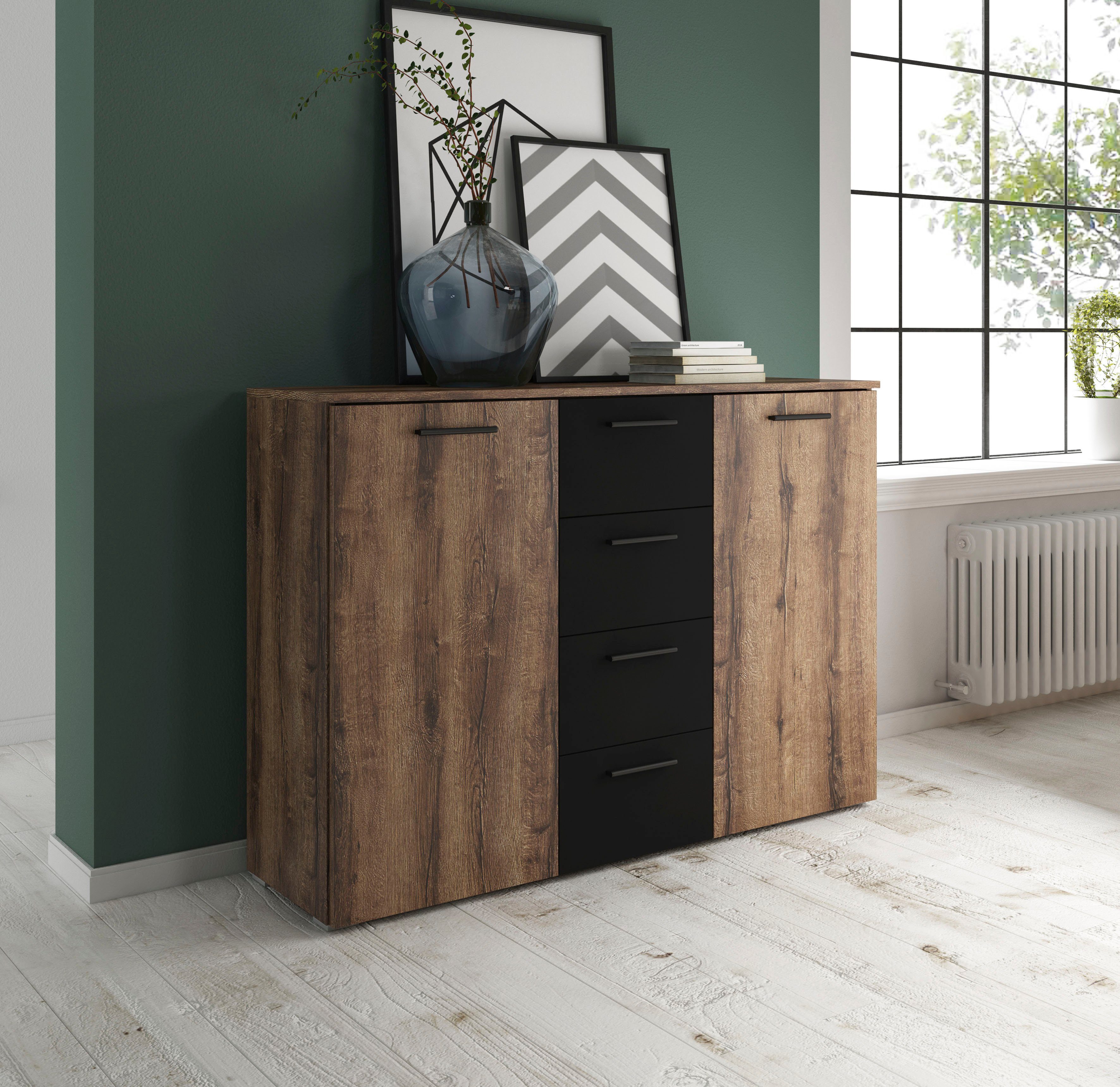 Home affaire Kombikommode Beta Breite 132 cm, zeitlose Schubladenkommode, Anrichte, Sideboard, viel Stauraum, 2-türig 4 Schubladen, 132x38x93cm