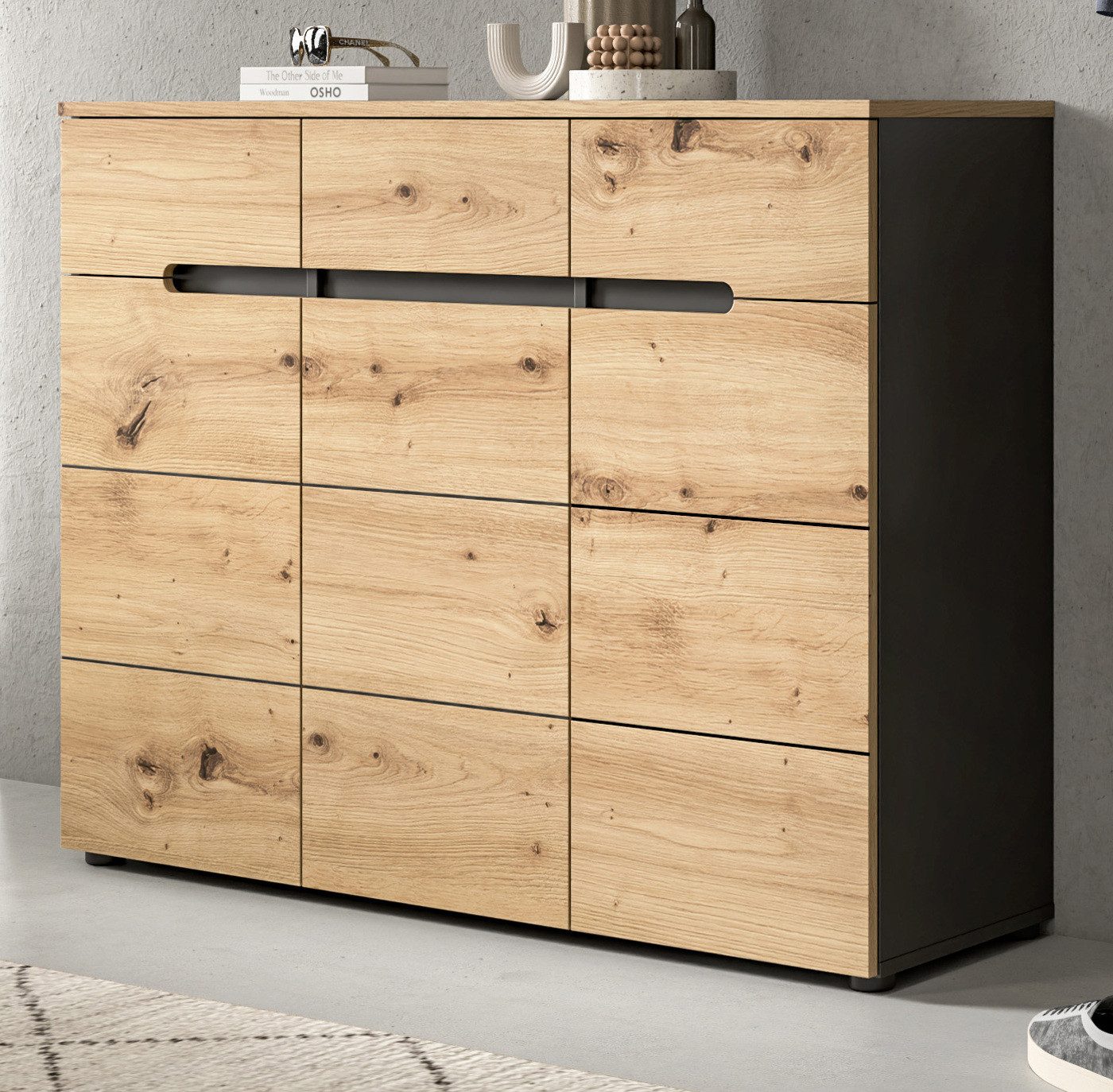 Inn.Furn Schuhkommode Cooper (Flurkommode in Eiche Artisan mit grau, 3-türig, 120 x 94 cm), mit 12 Fächern, Soft-Close-Funktion