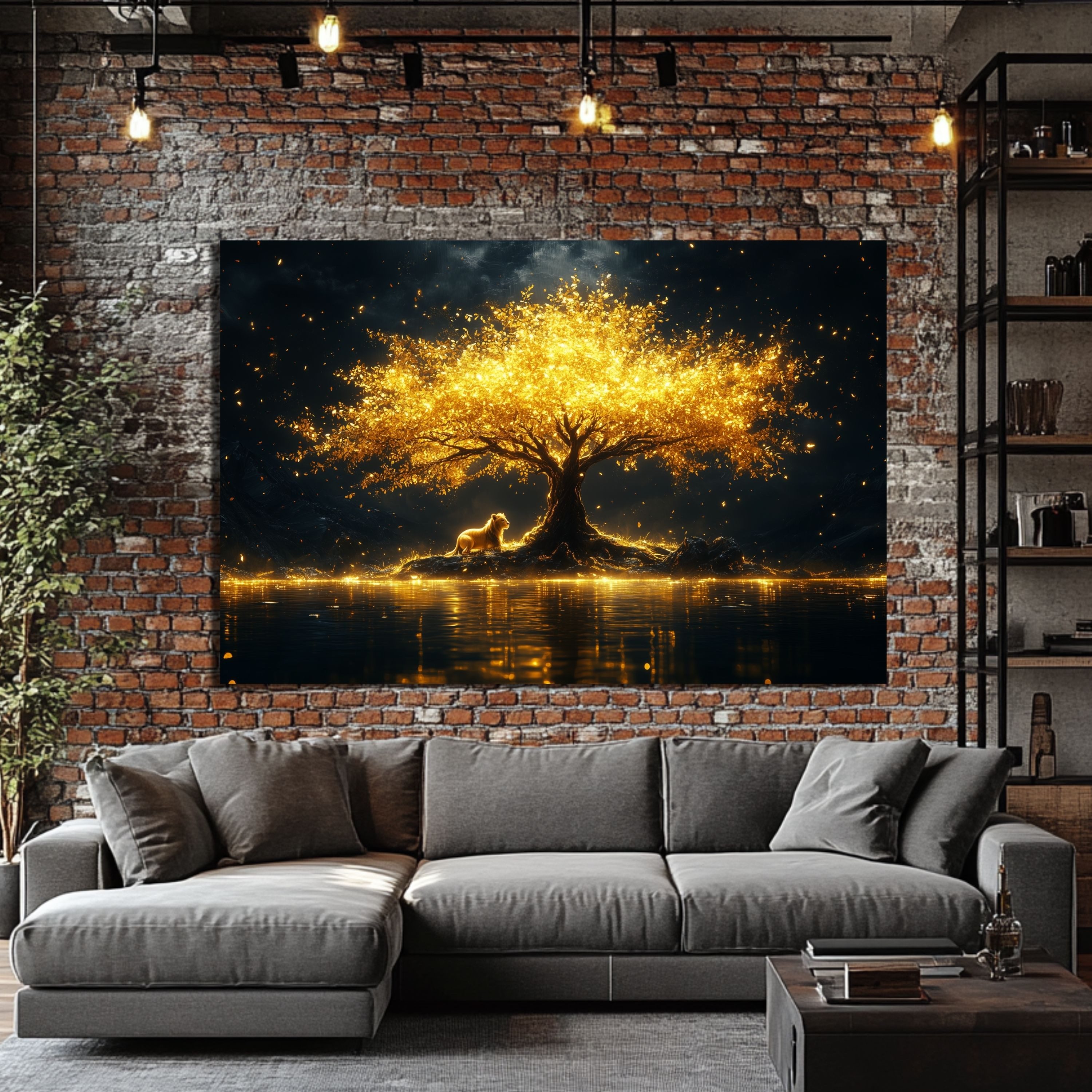 DARO Design Leinwandbild Modern Abstrakt Wandbilder XXL Wandbild Wand Deko Leinwand Bilder, (Tiger am goldenen Baum - Bild groß Wohnzimmer Esszimmer Schlafzimme – Bild 4 von 5