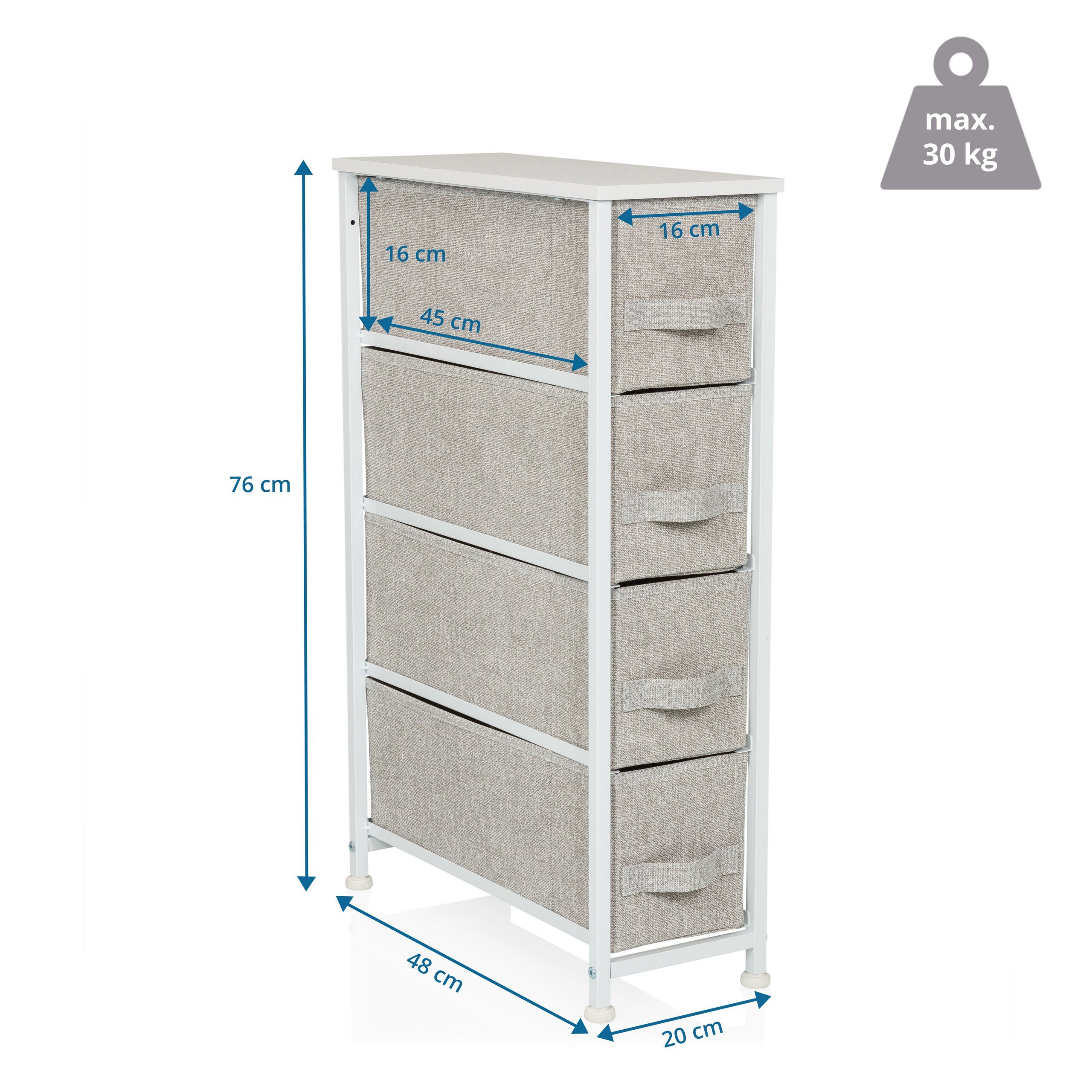 hjh LIVING Kommode FOLDRESS S Sideboard H/B/T: 76.0 x 20.0 x 48.0 cm, Schubladenkommode mit 4 Stoff-Schubladen, platzsparend, Holz-Ablage