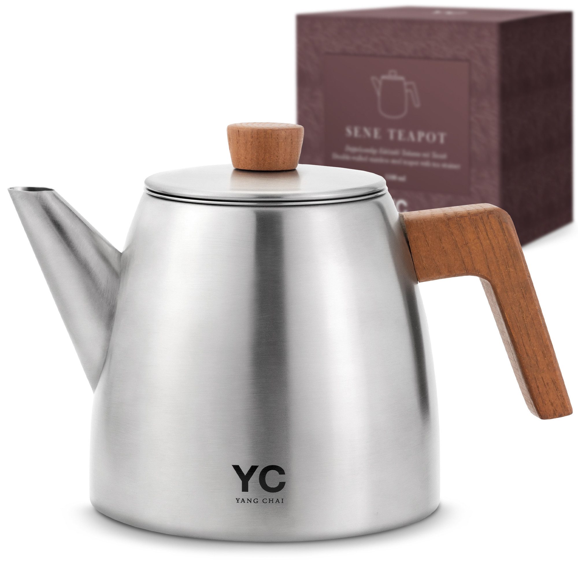 Yang Chai Teekanne Teekanne Edelstahl mit Siebeinsatz 1,1L, (Doppelwandige Thermo Teekanne Edelstahl, Teebereiter mit Eichenholzgriffen), Tee Kanne 100% Tropffrei