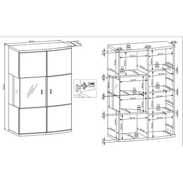 möbelando Vitrine Sinus Moderne Vitrine, Front aus MDF in Hochglanz-Weiß/Grandson-Eiche, Korpus aus melaminharzbeschichteter Spanplatte in Weiß/Grandson-Eiche, mit 2 Türen und 6 Einlegeböden, Breite 70 cm, Höhe 103,4 cm, Tiefe 37,4 cm