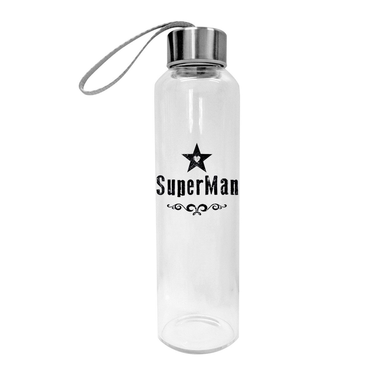 PPD Trinkflasche Glasflasche SuperMan Borosilikatglas Edelstahl silber 550ml, Borosilikatglas