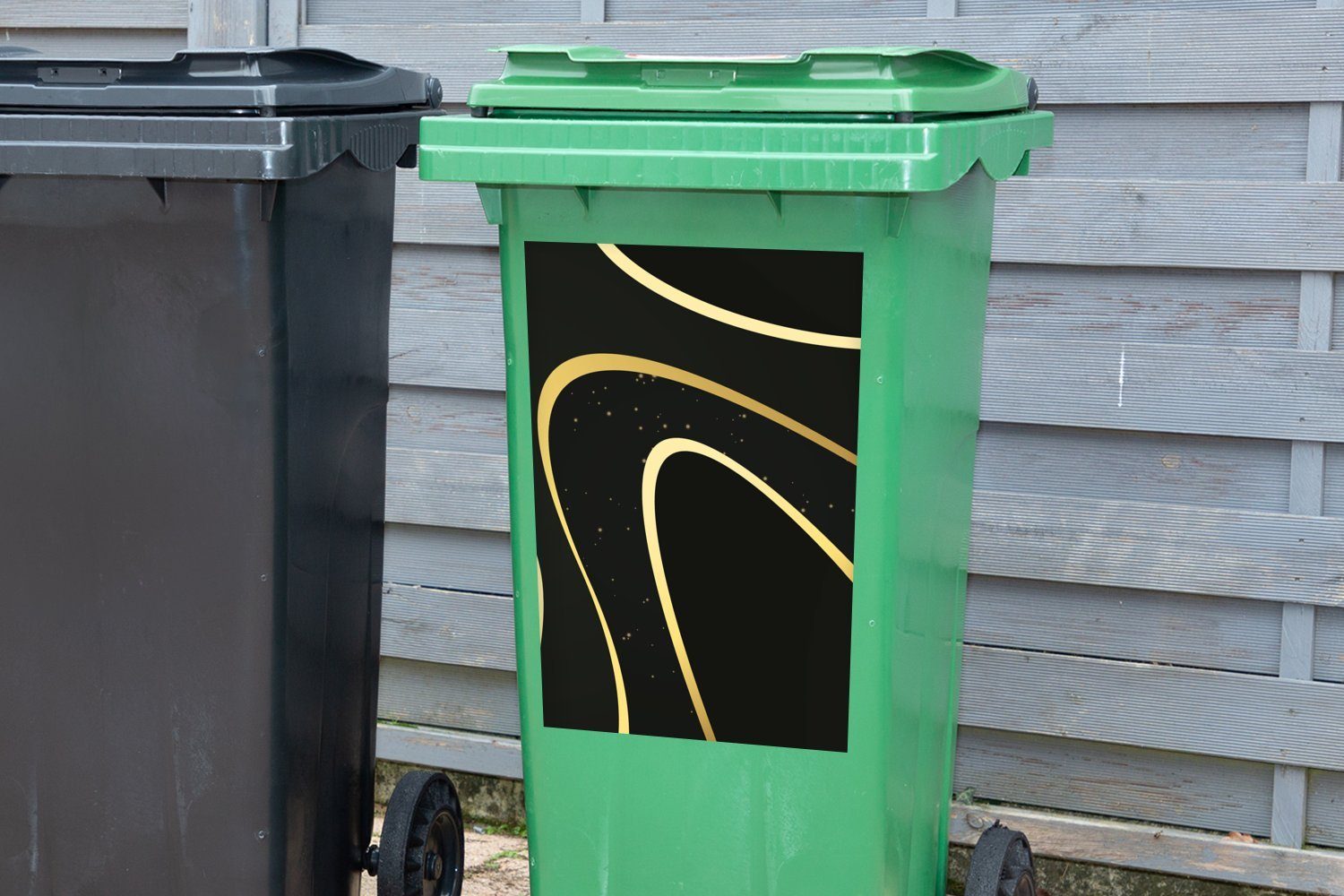 MuchoWow Wandsticker Wellen Goldene Mülleimer-aufkleber, auf St), Mülltonne, schwarzem Hintergrund Container, (1 Abfalbehälter Sticker