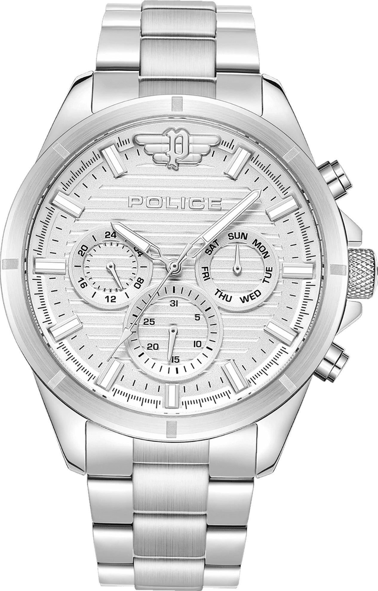 Police Multifunktionsuhr Police Herrenuhr Edelstahl silber, (Multifunktionsuhr), Herrenuhr rund, extra groß (ca. 45x53mm) Edelstahlarmband, Sport-Style