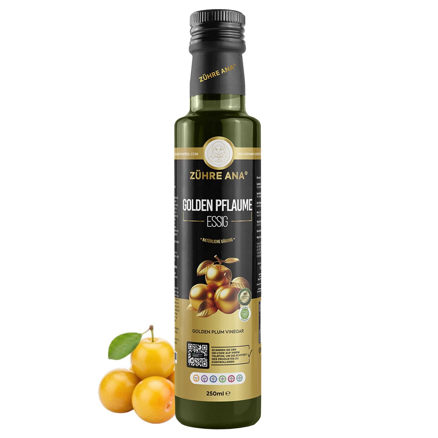 Zühre Ana® Essig Goldener Pflaumenessig - Fermentierter Essig in präbiotischer Form, 250 ml, Natürlicher Fermentierter Essig 250ml