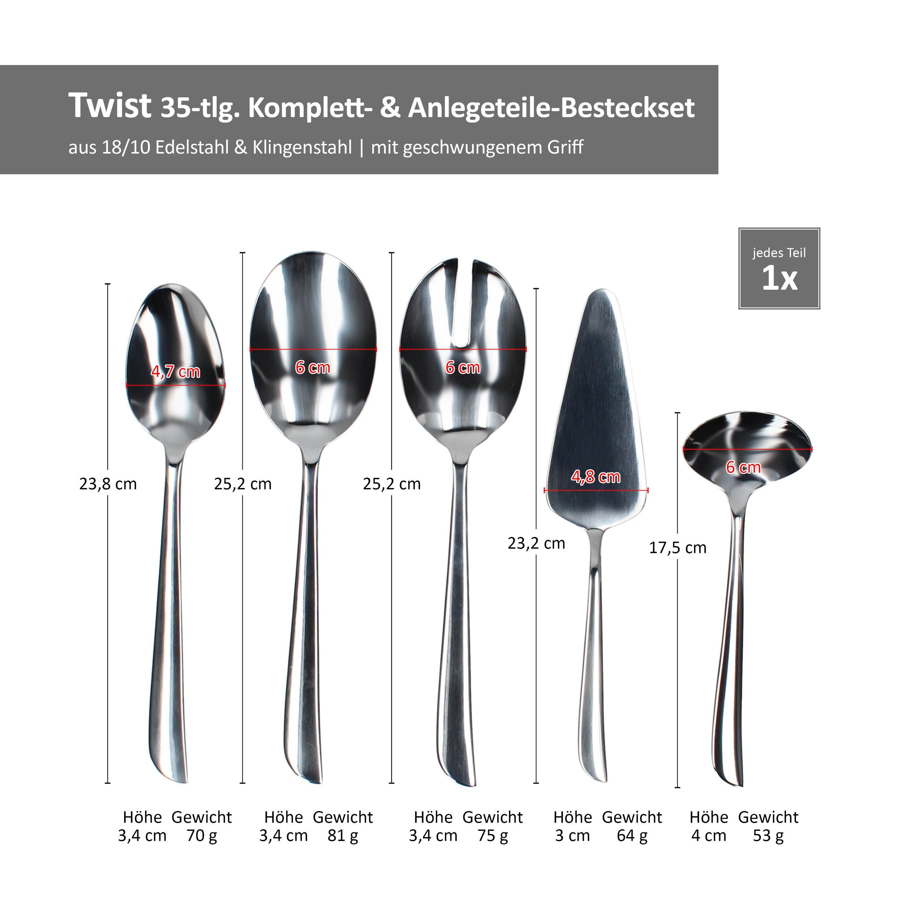 Justinus Besteck-Set 35tlg Twist Komplett-Besteck-Set inkl Anlegeteile 6 Personen, Edelstahl