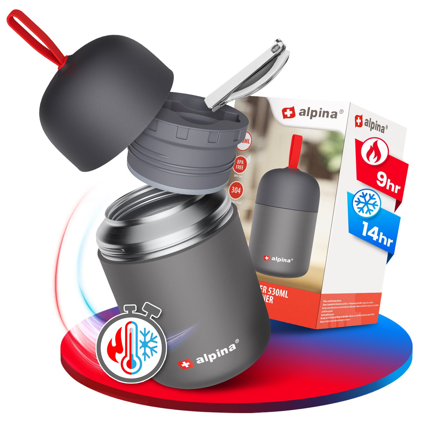 Alpina Thermobecher Thermobehälter Thermo Becher Essensbehälter Lunchbox 530 ml, Edelstahl, mit Druckausgleich und faltbarem Löffel hält extra lange warm/kalt