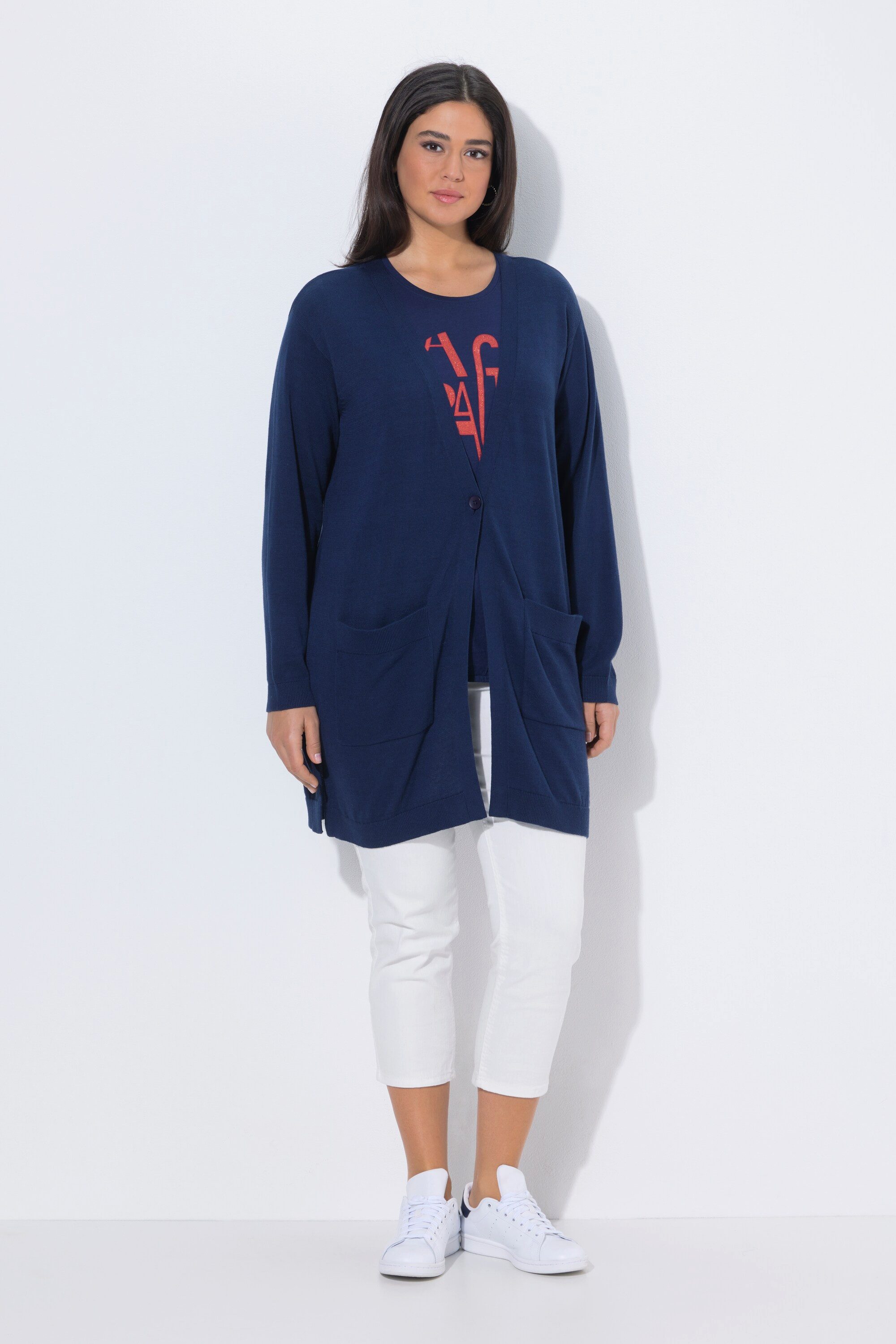 Ulla Popken Strickjacke Strickjacke Knopfverschluss V-Ausschnitt Langarm