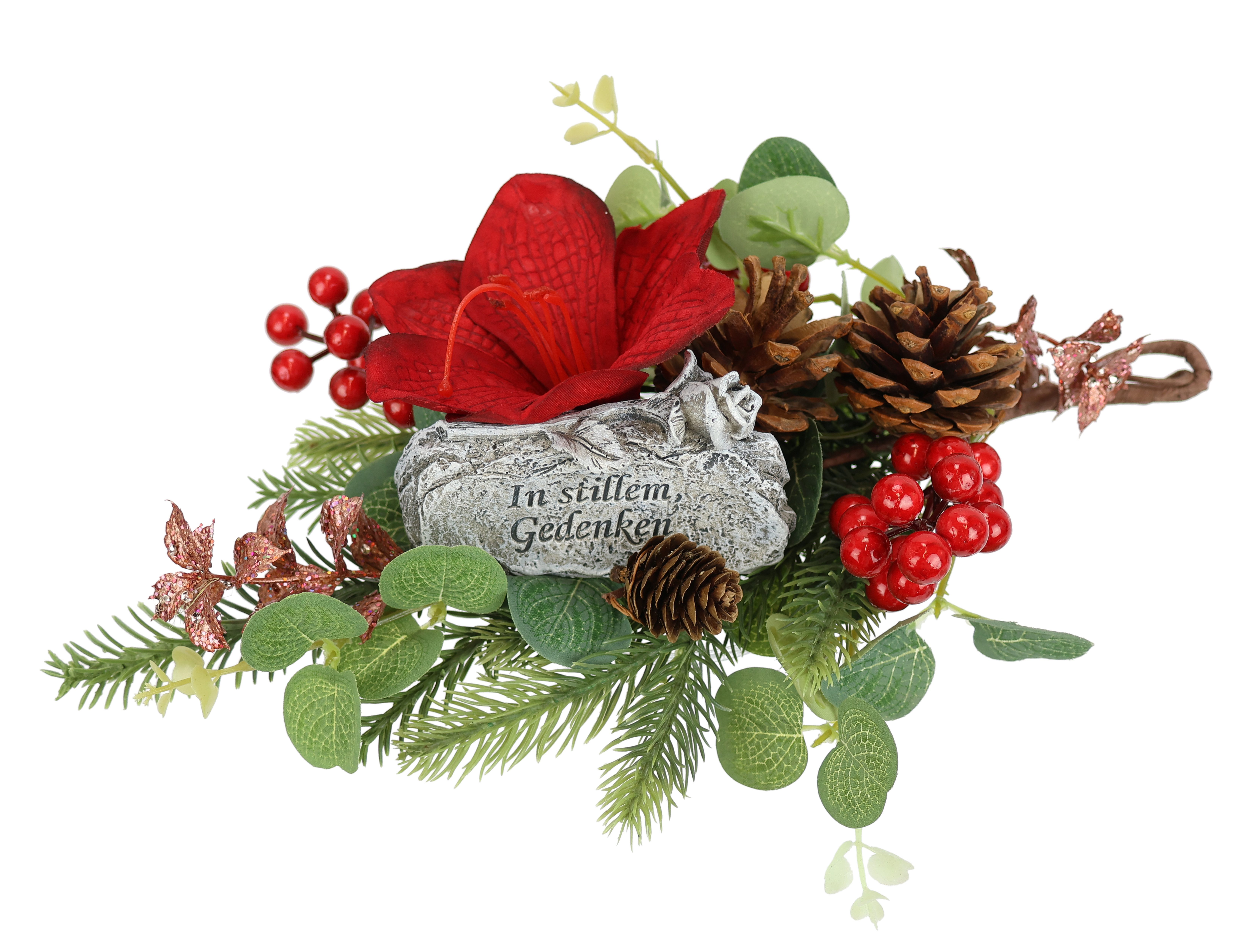 Kunstblume Tannen-Aufleger mit Amaryllis und Gedenkstein, OTTO home, Höhe 18 cm, Florales Arrangement mit roter Amaryllis, Beeren und Zapfen