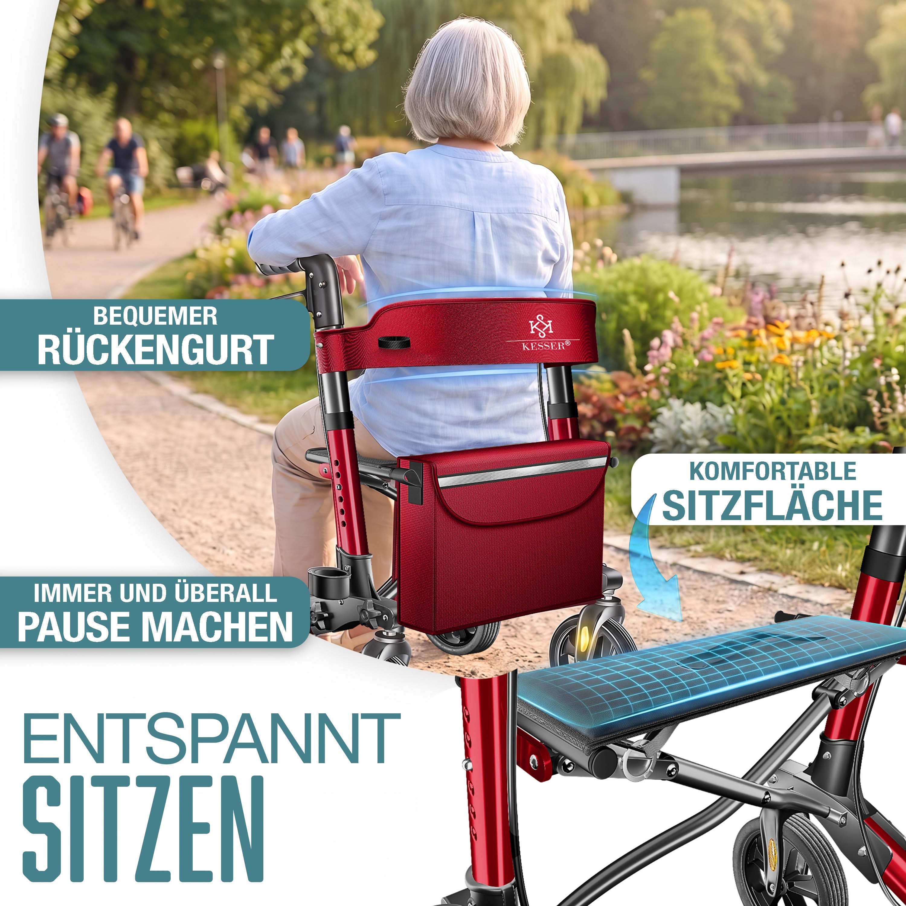 KESSER Rollator Aluminium – faltbar, höhenverstellbar & bis 136 kg belastbar, wetterbeständig, Tasche, Stockhalter, Reflektoren, 360° Gelände Reifen