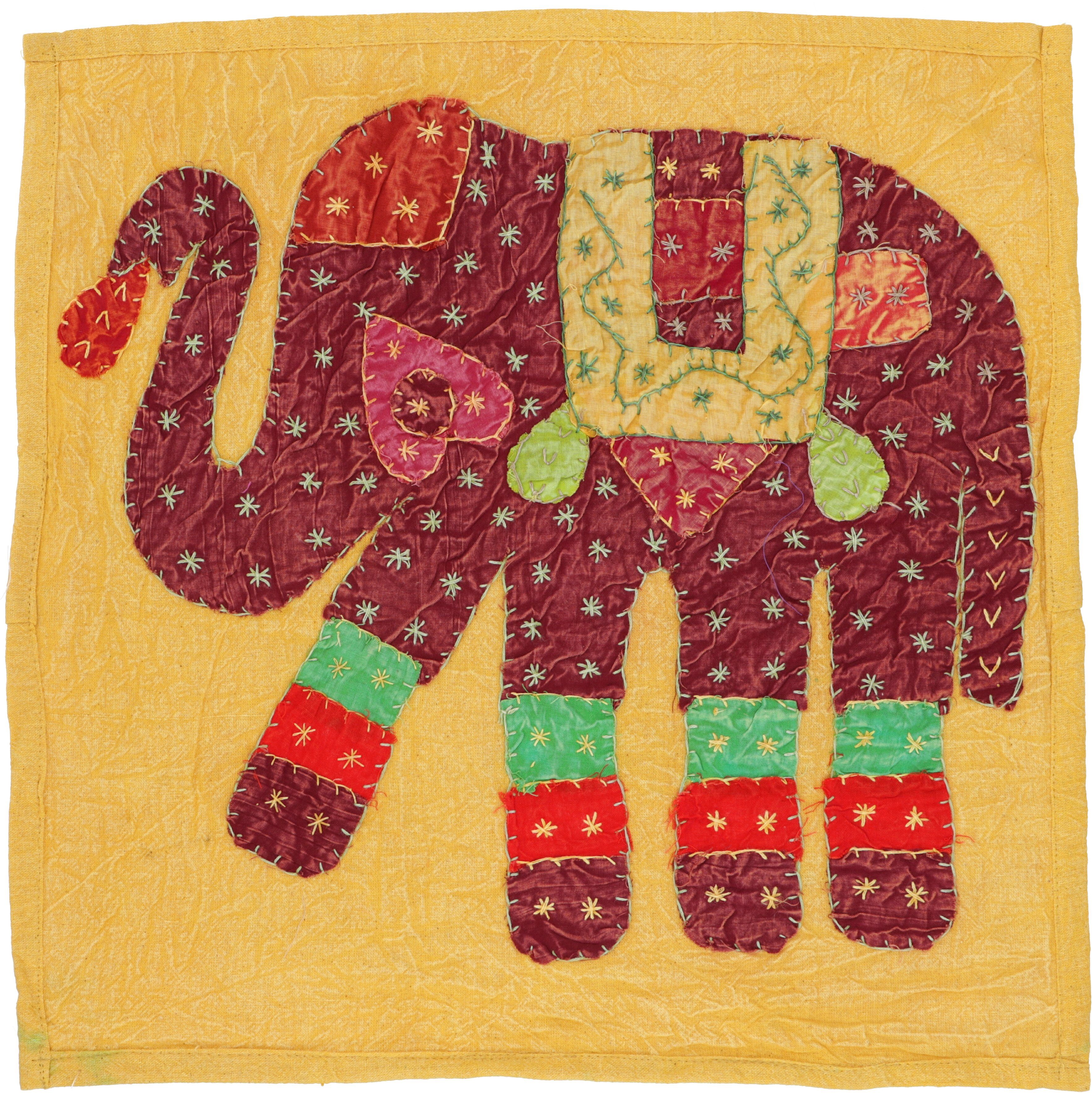 Kissenbezüge Indische Kissenhülle, sonnengelb besticktes Elefanten.., Guru-Shop
