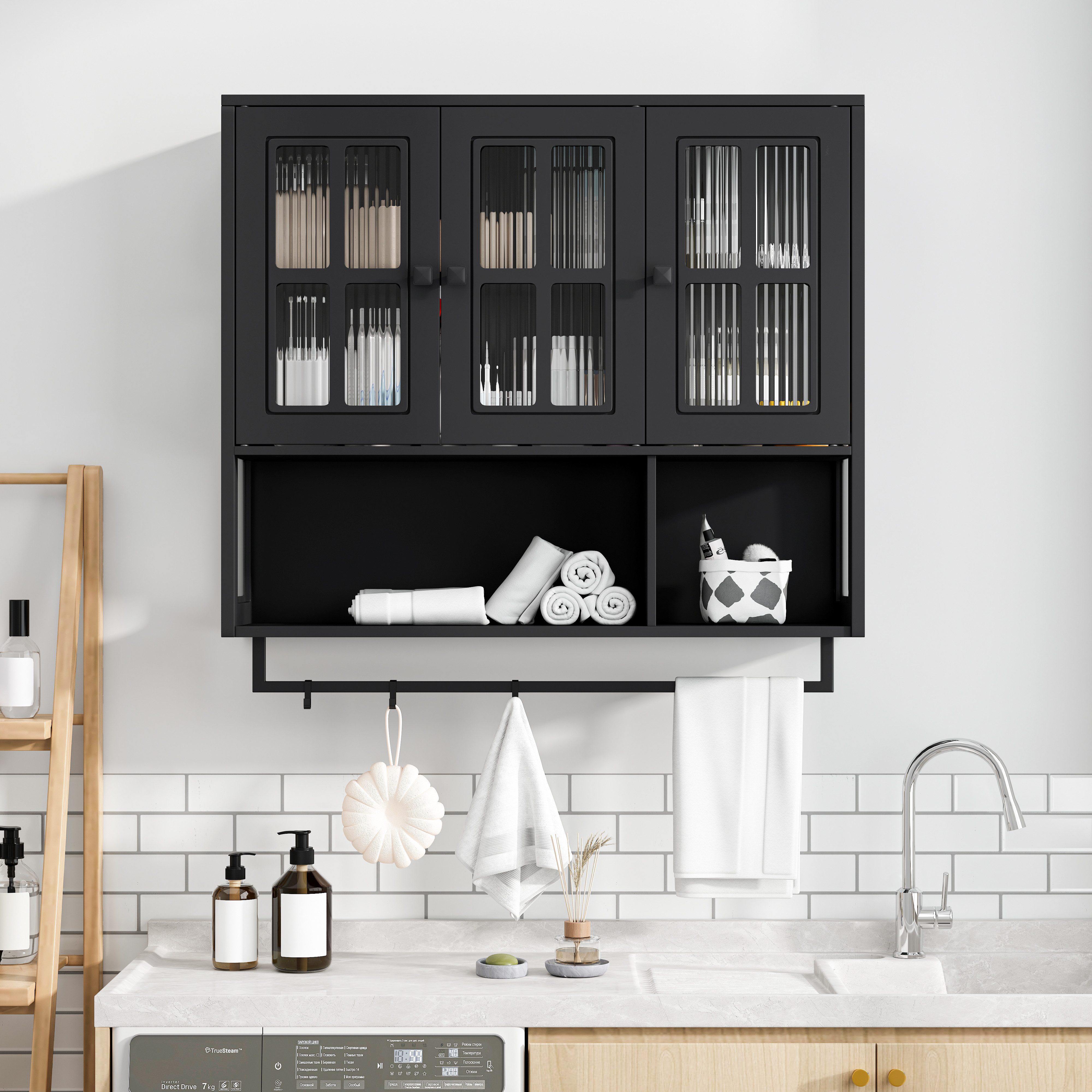 Celya Hängeschrank Badezimmer-Wandschrank, 3-türiger Wandschrank aus Holz (für Flur, Wohnzimmer, Badezimmer, Esszimmer, schwarz, Medikamentenschrank mit Glastür und Handtuchhalter) mit offenem und verdecktem Stauraum