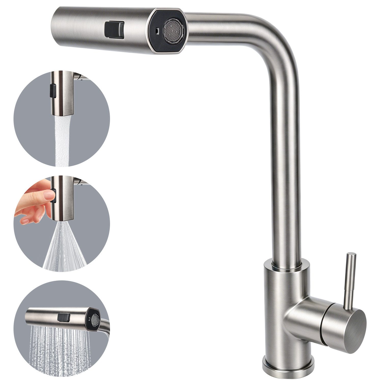Lumkudos Küchenarmatur Wasserhahn Küche, ausziehbar 360° schwenkbar mit 3 Sprühfunktionen (Küchenarmatur Set, 1-St., Max.40, G3/8, ø32-35mm, Abnehmbarer Behälter) 40 cm Ausziehbarer Schlauch, Gerader Strahl/Punktstrahl/Brausestrahl
