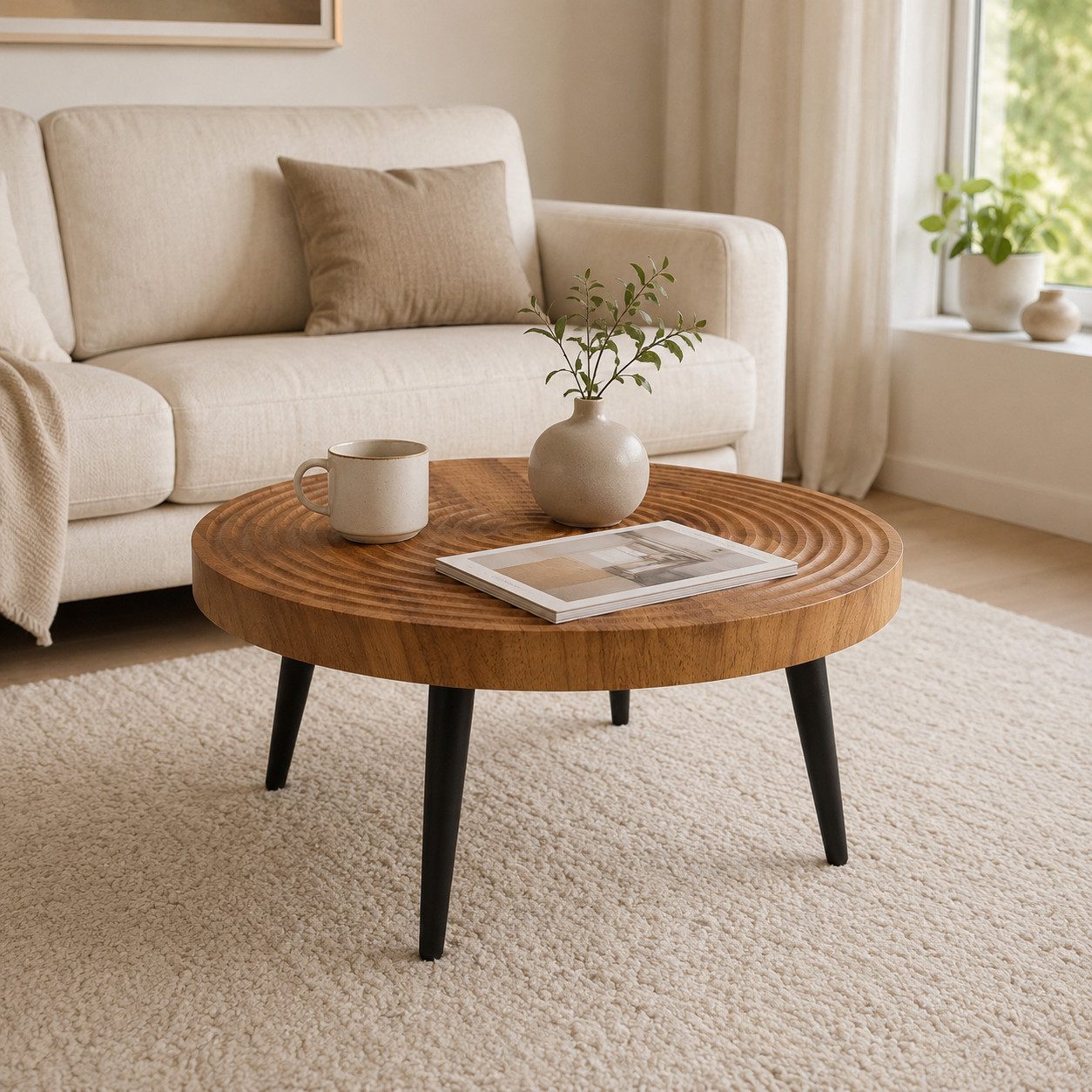 Celya Couchtisch Moderner runder Beistelltisch mit 5cm starker Tischplatte (mit Metallfüßen, vielseitig einsetzbar für Wohnzimmer, Café und Büro)