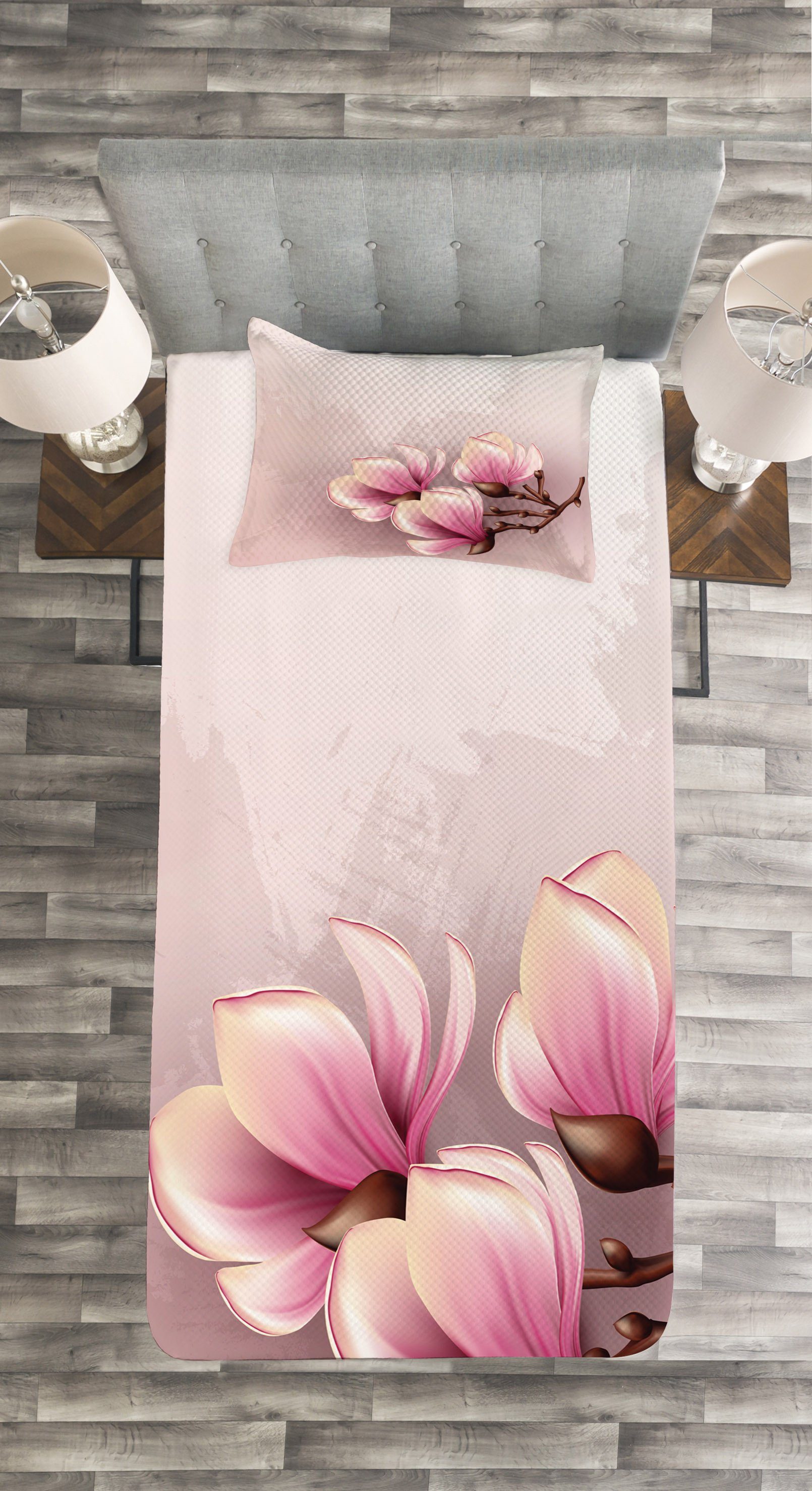 Tagesdecke Set mit Kissenbezügen Waschbar, Blütenblätter Magnolie Abakuhaus, Fragile