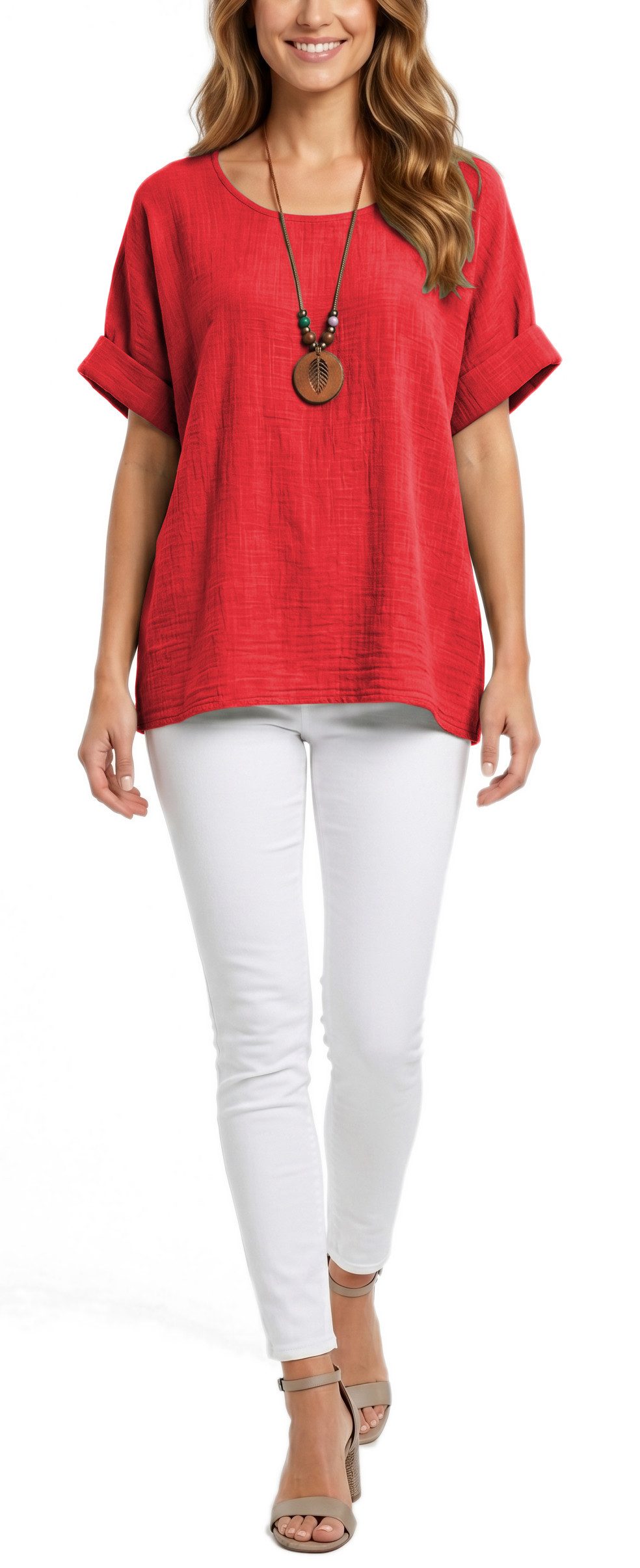 dy_mode Kurzarmbluse Damen Kurzarm Bluse Leichte Sommer Tunika Baumwollbluse Oberteil in Unifarbe, mit passende Kette