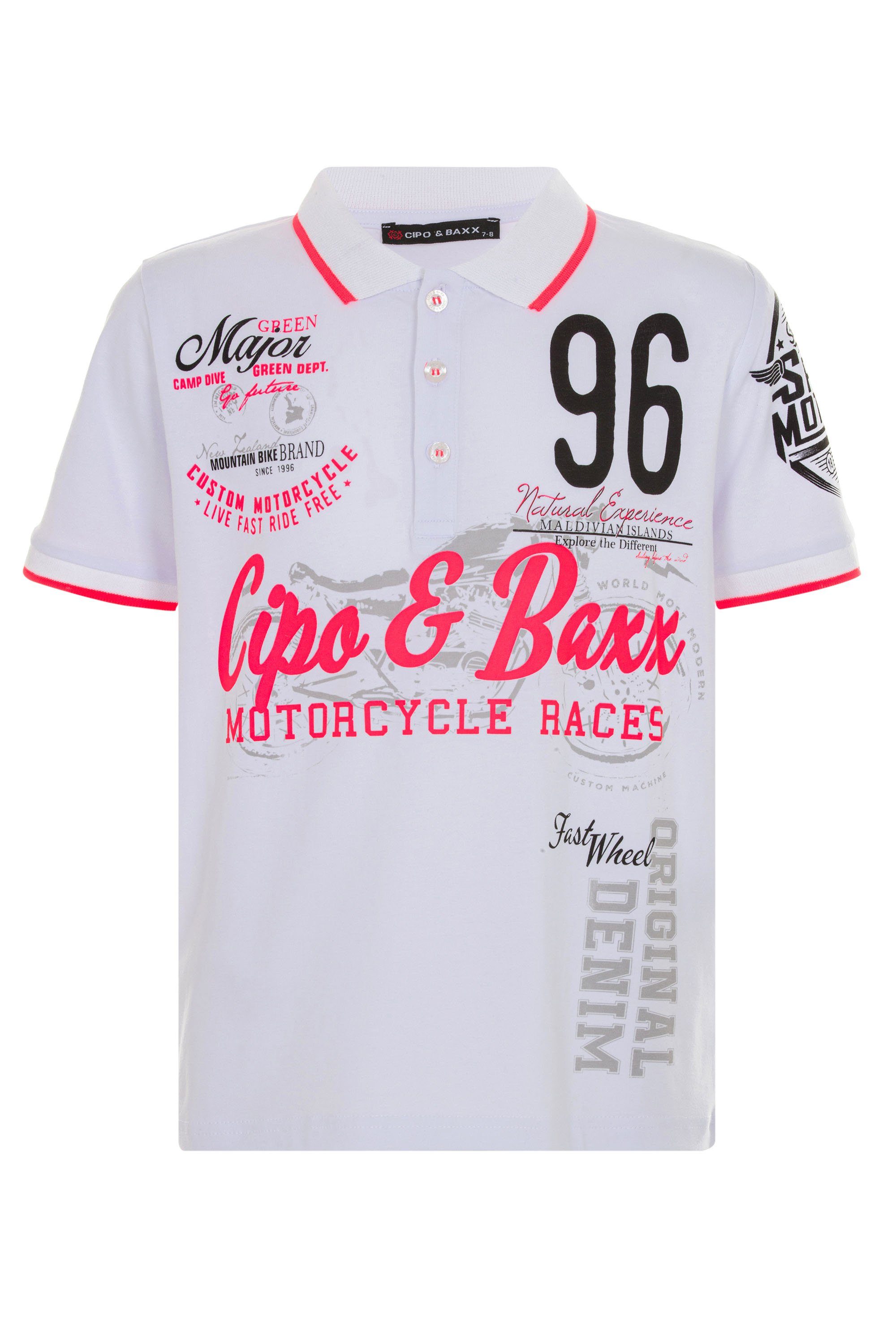 Cipo & Baxx Poloshirt mit trendigen Motorsport-Prints weiß | Poloshirts