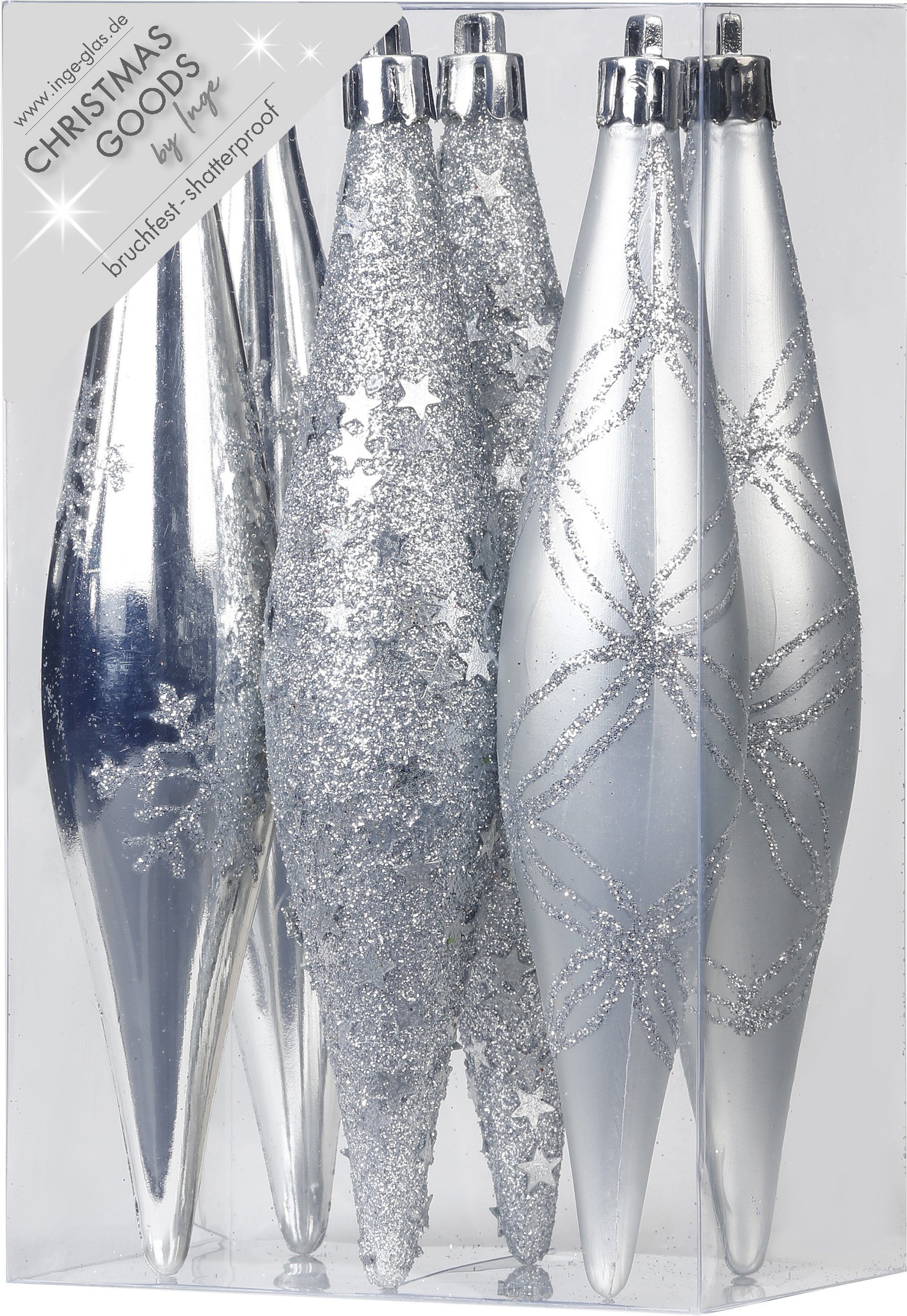 Holly & Jolly Christbaumschmuck, Christbaumschmuck Eiszapfen 15cm Kunststoff 6er Set - Silber
