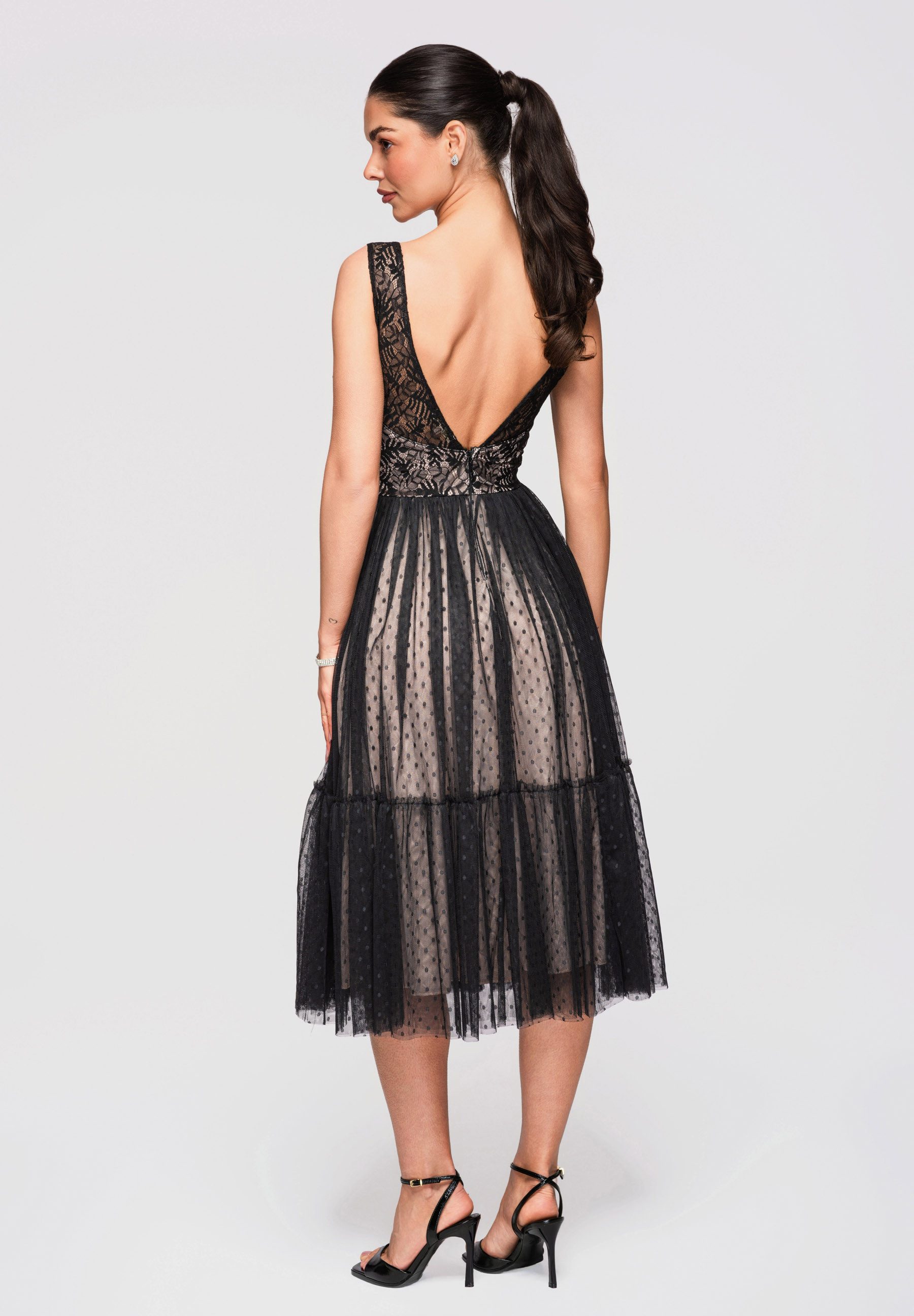 OMBRE Abendkleid Damen Midikleid Spitze Tüll A-Linie Schwarz S (kein Set, 1-tlg) Transparente Einsätze, mehrlagiger Rock