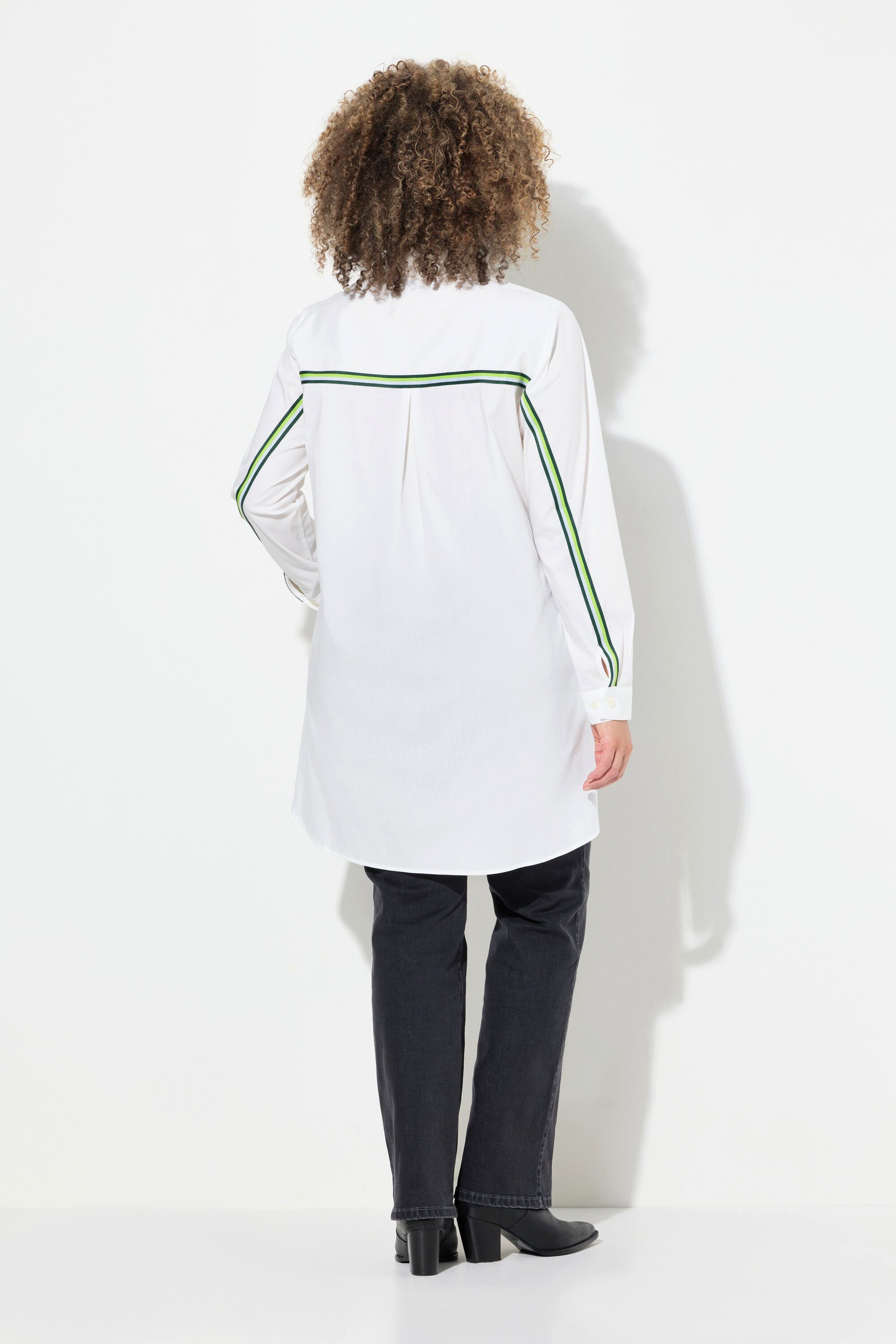 Ulla Popken Hemdbluse Longbluse Zierbänder Hemdkragen V-Ausschnitt