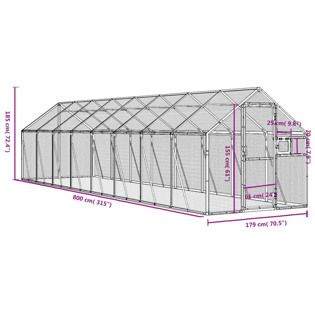 vidaXL Voliere, Silbern 1,79x8x1,85 m Aluminium