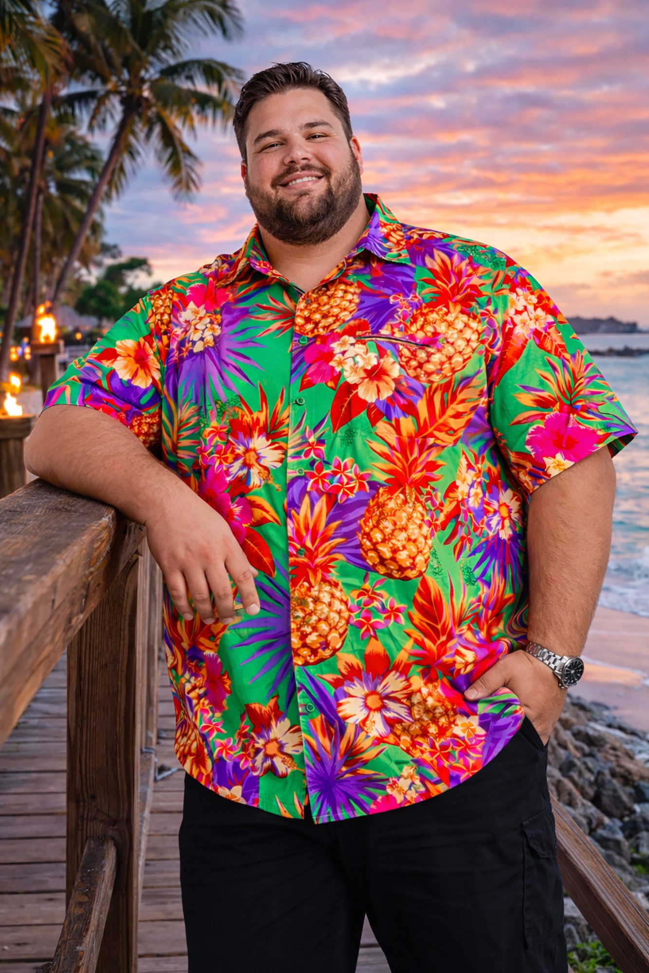 King Kameha Hawaiihemd Pineapple Übergrößen 7XL-12XL Sommerhemd Herren Kurzarm Front-Tasche