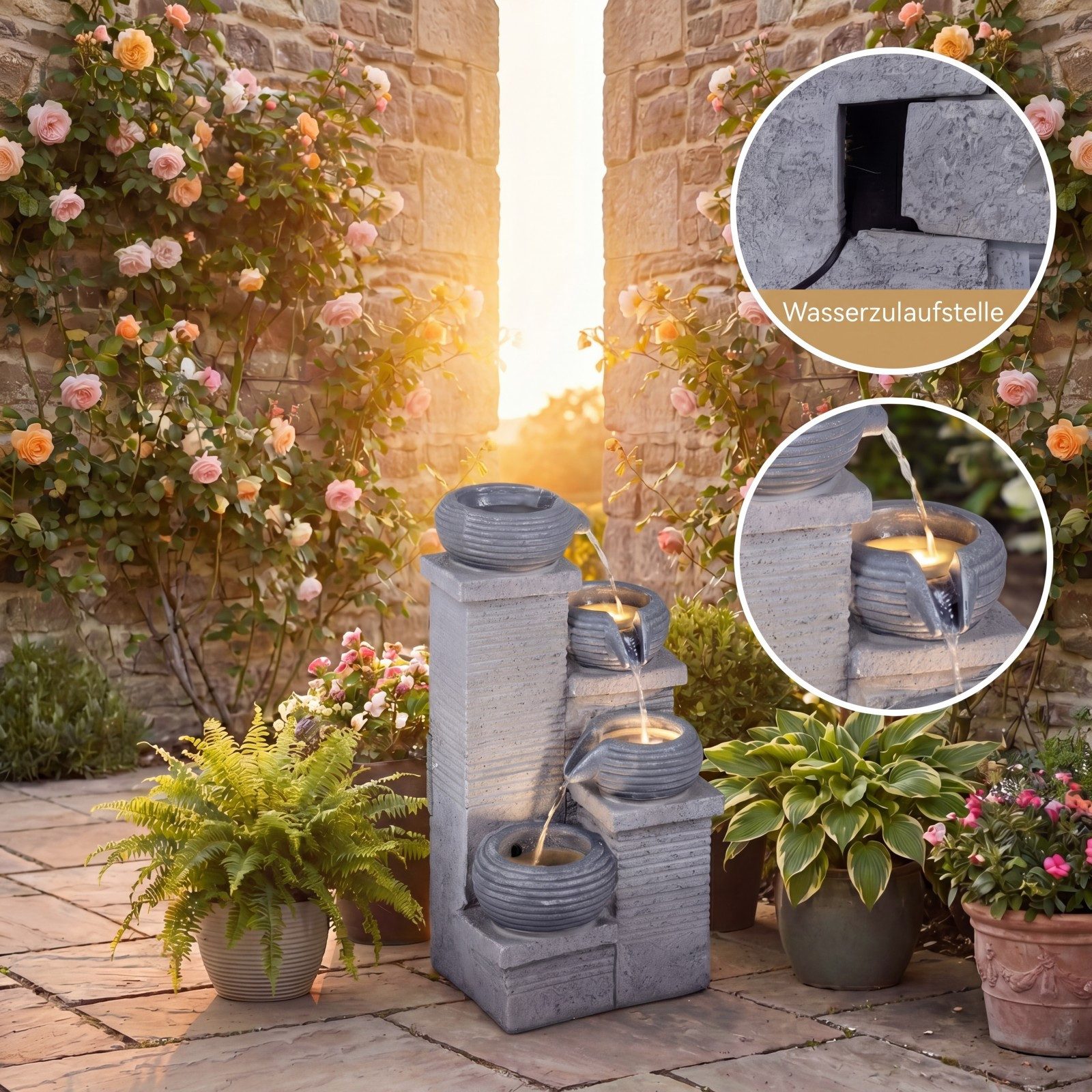 KOMFOTTEU Gartenbrunnen 4-stufiger Gartenbrunnen Wasserbrunnen, mit LED & Wasserfall, einstellbarer Pumpe – Bild 5 von 5