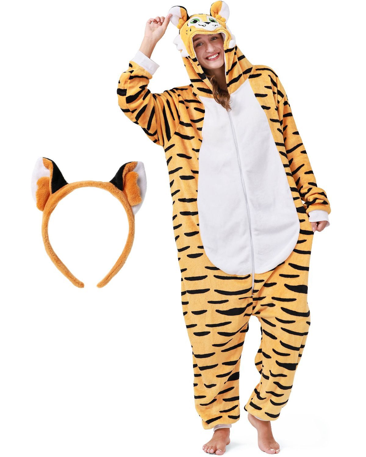 Corimori Partyanzug Flauschiges Tiger-Kostüm mit Haarreif, Jumpsuit, Pyjama, Fasching, Kigurumi, Tierkostüme, Tiger Makari