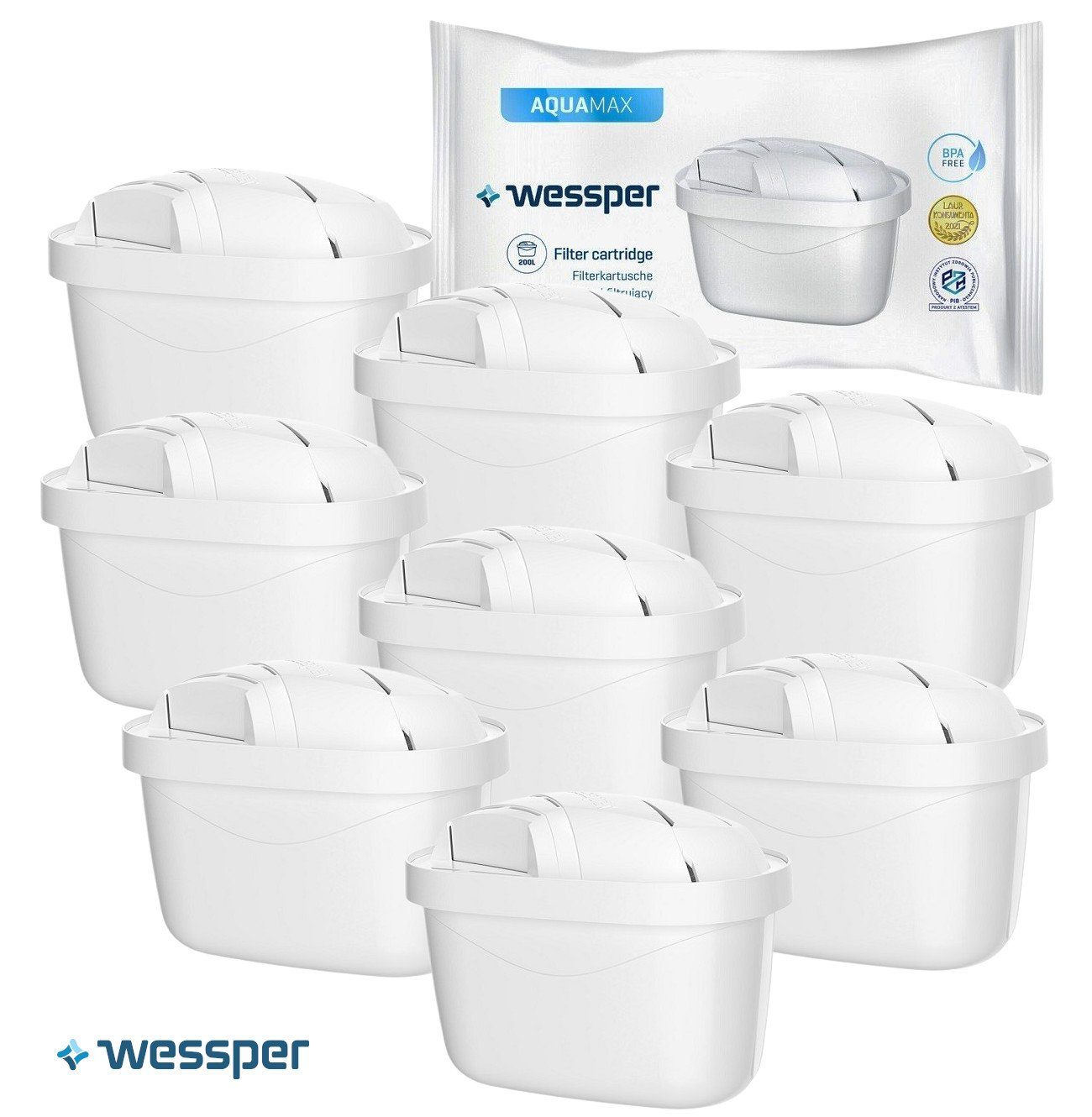 Wessper Kalk- und Wasserfilter 8 Stück Wessper® AQUAMAX Filter Kartuschen Filterkartuschen, Zubehör für Brita : Kompatibel mit z.B. Aluna, Elemaris, Marella und vielen anderen. Reduziert Kalk und Chlor sowie Schwermetalle, Alternative zu Brita Maxtra, Maxtra+ bis zu 200L pro Kartusche