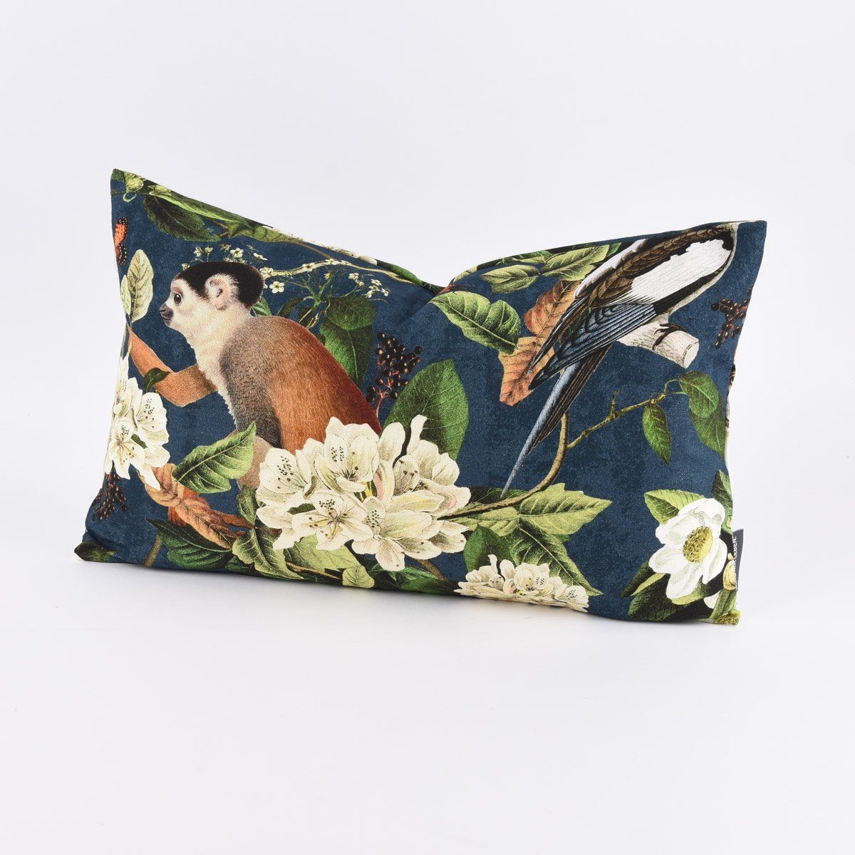SCHÖNER LEBEN. Dekokissen SCHÖNER LEBEN. Kissenhülle Affe Vogel Blumen Digitaldr. blau grün 30