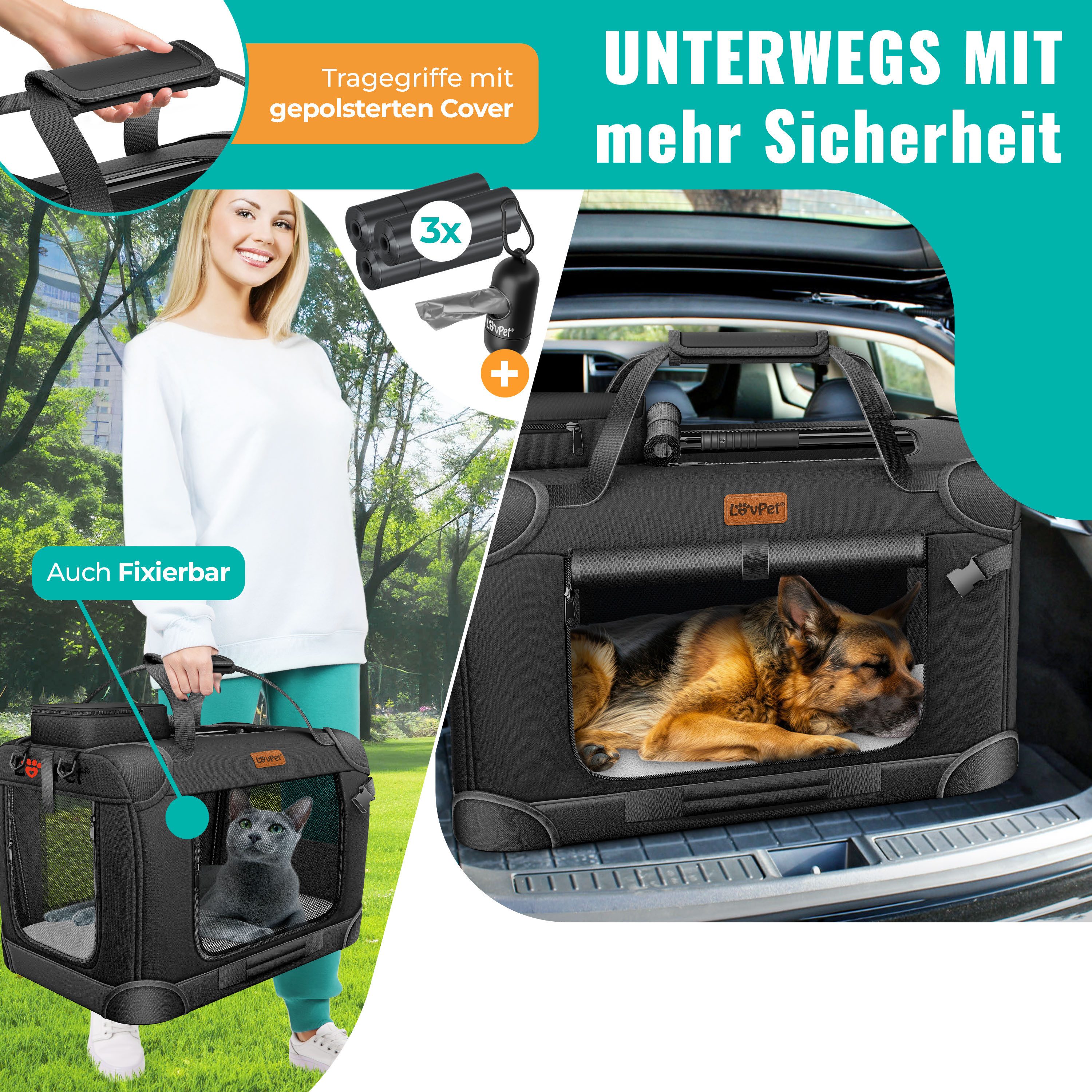 Lovpet Tiertransportbox bis 7 kg, Hundebox Hundetransportbox faltbar Inkl.Hundenapf Transport