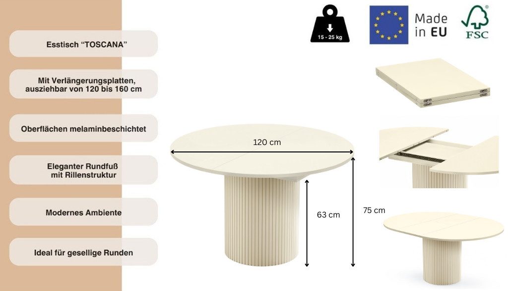 Woodman Esstisch Toscana, Breite 120 cm, melaminbeschichtet, mit Verlängerungsplatten, FSC®