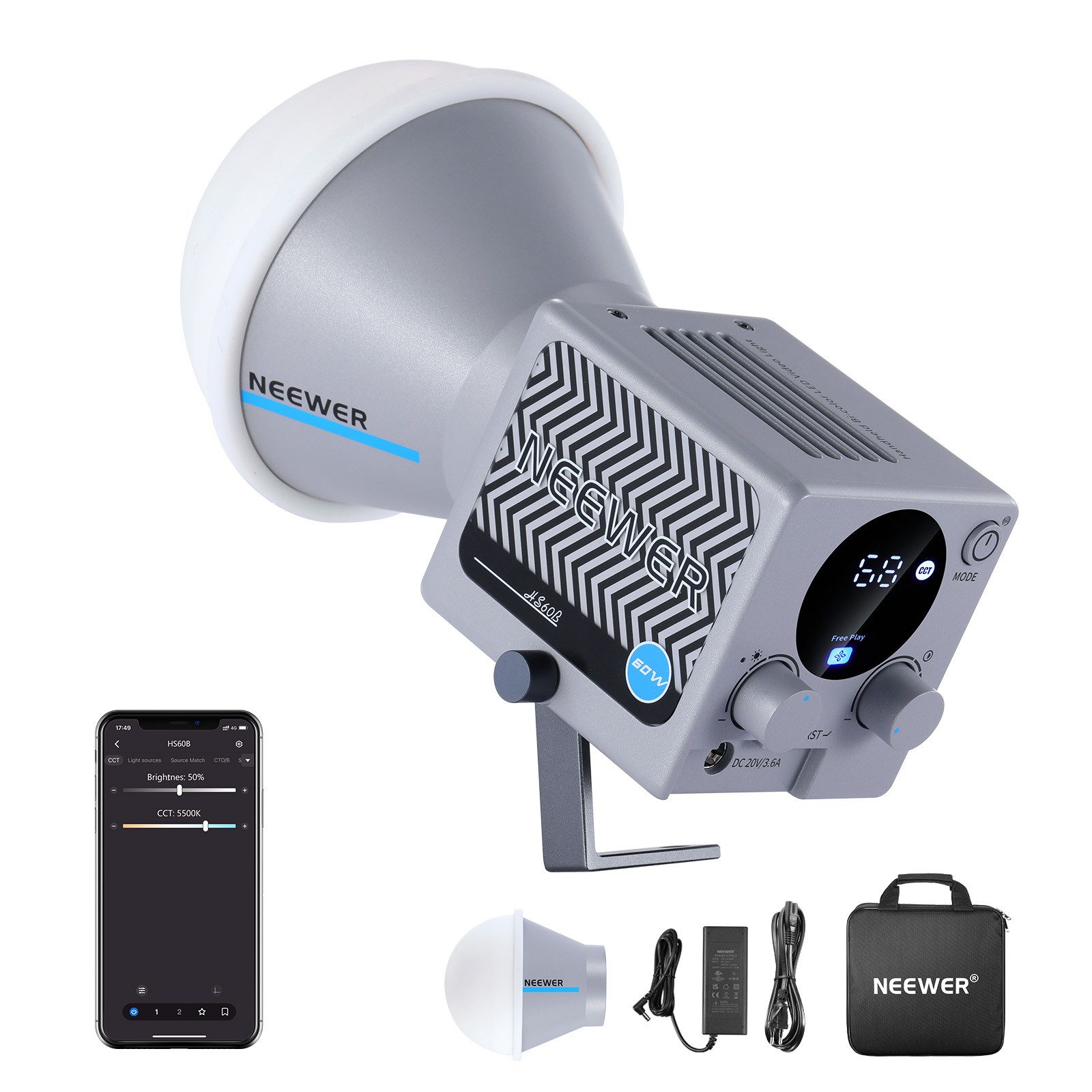 Neewer Videoleuchte HS60B Videoleuchte Mini Studiolicht, 60W COB LED Studioleuchte, mit App Steuerung, 35000Lux/1m, 2700K–6500K 0–100%, CRI 97+, 12 Szenen