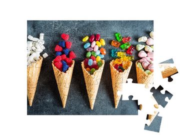 puzzleYOU Puzzle Waffeltüten mit bunten Süßigkeiten im Sommer, 48 Puzzleteile, puzzleYOU-Kollektionen Candybar