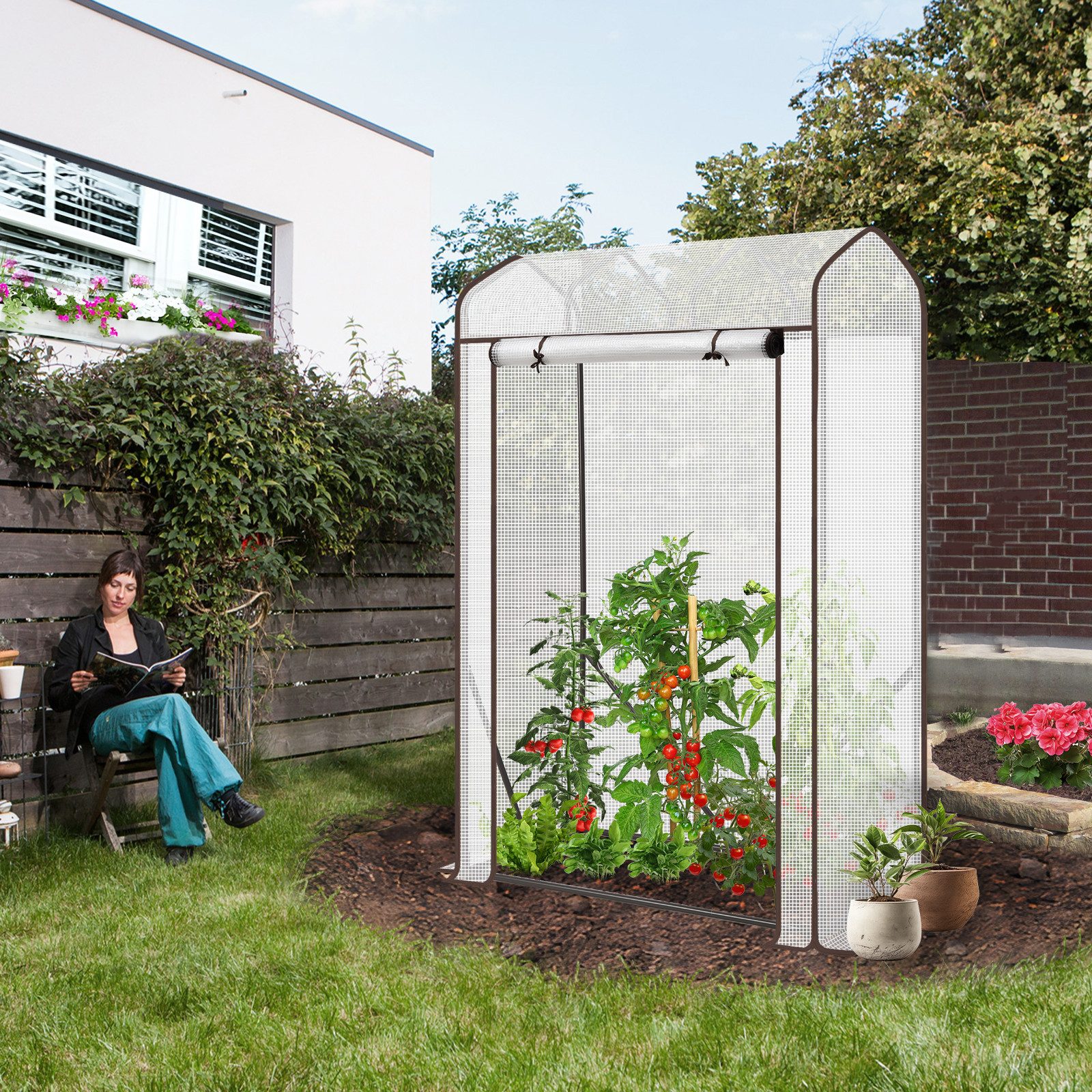 Sekey Tomatengewächshaus Foliengewächshaus Tomatenhaus mit Spitzdach für Garten und Balkon, BxTxH: 100 x 50 x 150,00 cm, 100 x 50 x 150 cm, Winterfest Dachschrä – Bild 3 von 5